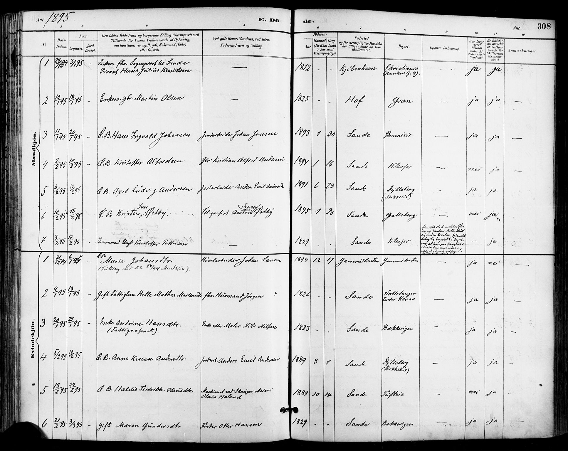 Sande Kirkebøker, AV/SAKO-A-53/F/Fa/L0007: Parish register (official) no. 7, 1888-1903, p. 308