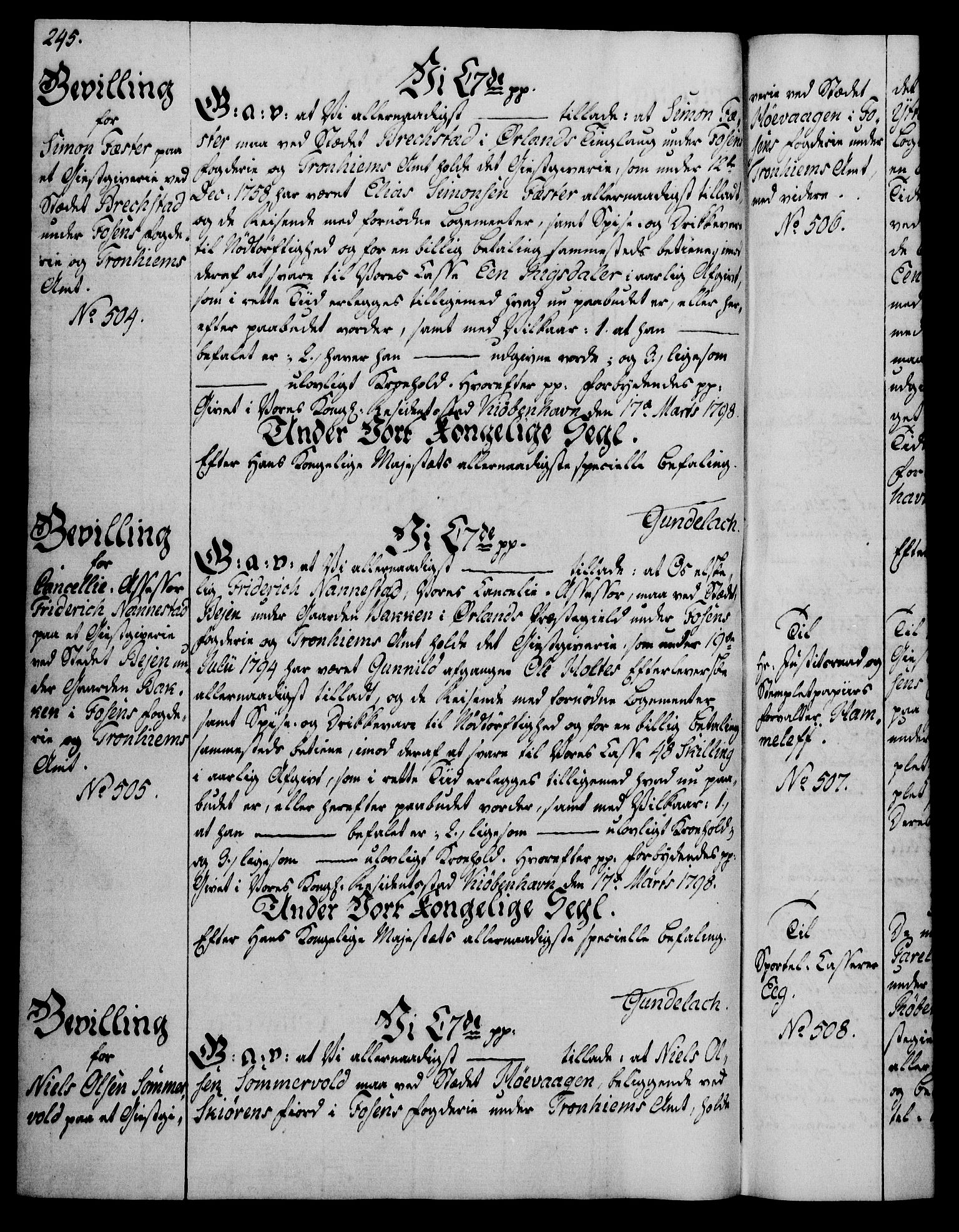 Rentekammeret, Kammerkanselliet, AV/RA-EA-3111/G/Gg/Gga/L0016: Norsk ekspedisjonsprotokoll med register (merket RK 53.16), 1794-1800, p. 245