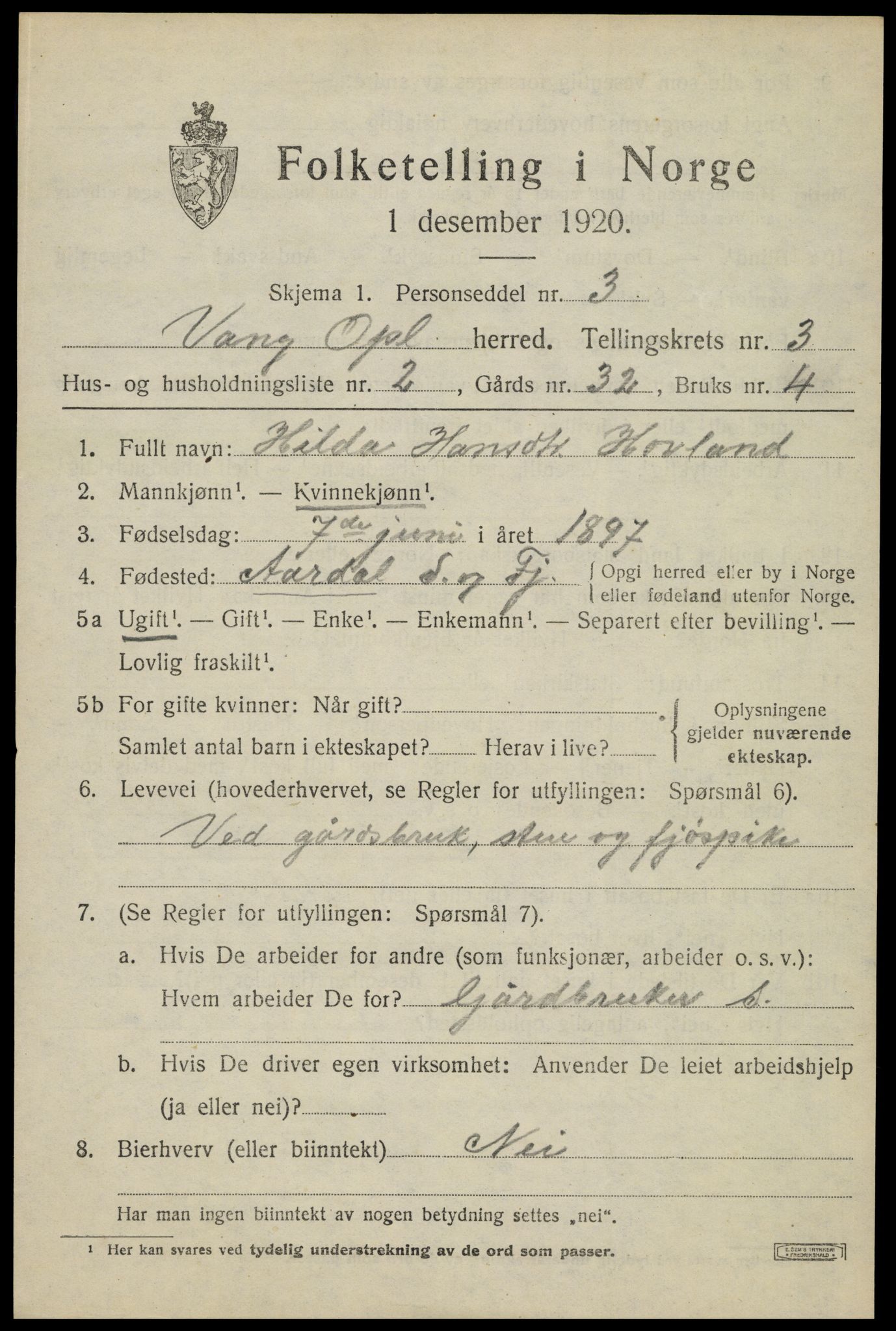 SAH, 1920 census for Vang (Oppland), 1920, p. 1359