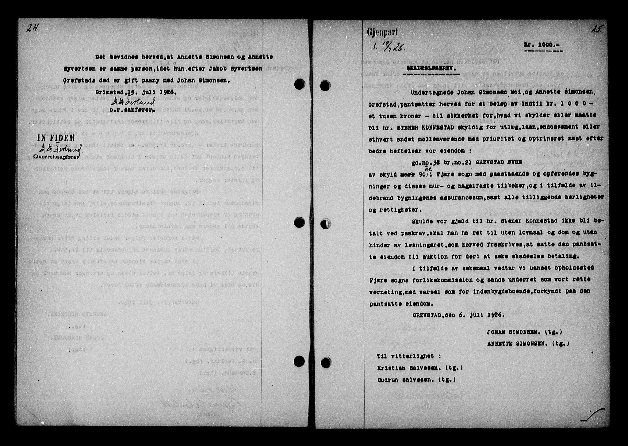 Vestre Nedenes/Sand sorenskriveri, AV/SAK-1221-0010/G/Gb/Gba/L0036: Mortgage book no. 62, 1926-1928, p. 24-25