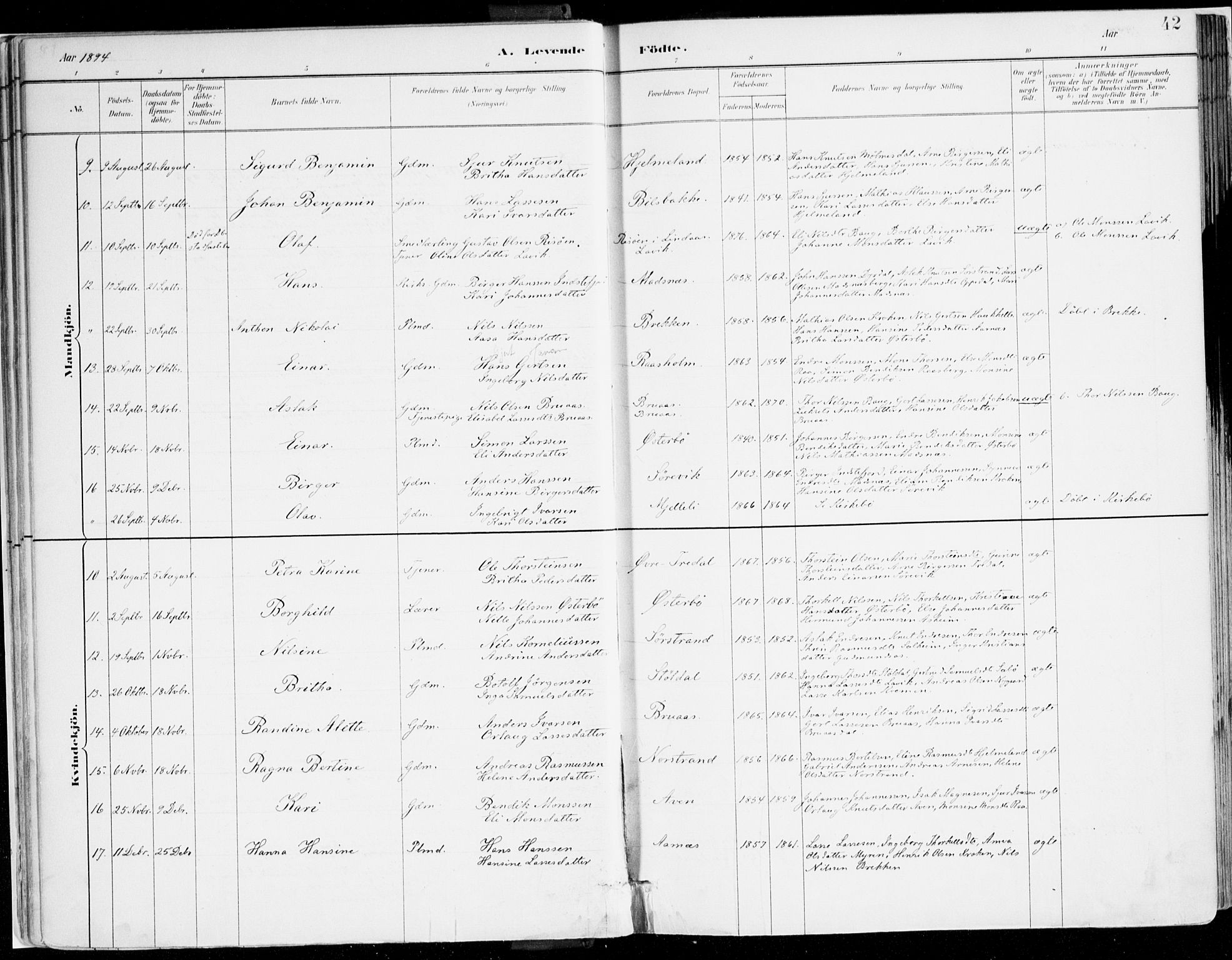 Lavik sokneprestembete, AV/SAB-A-80901: Parish register (official) no. B 1, 1882-1908, p. 42