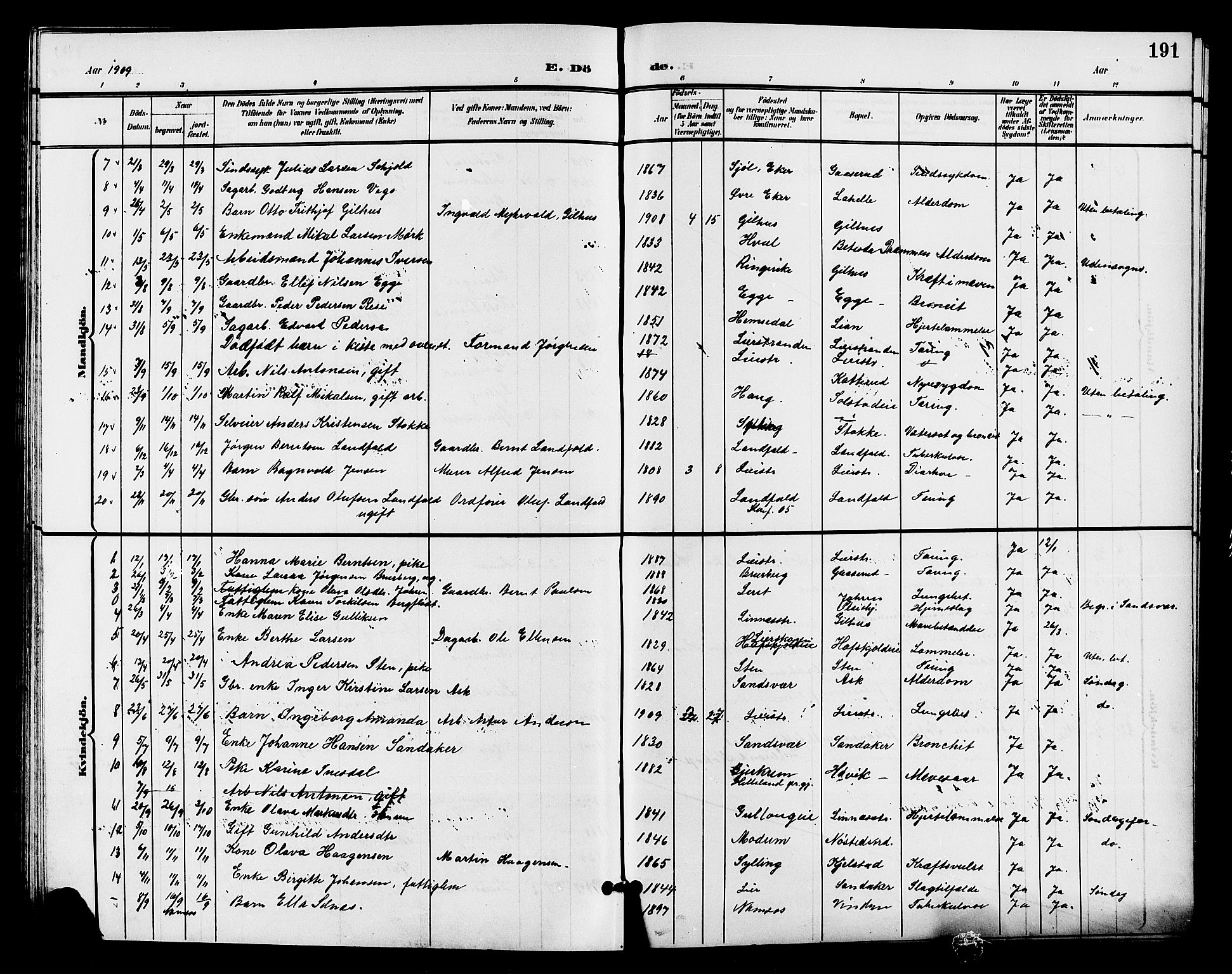 Lier kirkebøker, AV/SAKO-A-230/G/Gb/L0002: Parish register (copy) no. II 2, 1899-1911, p. 191