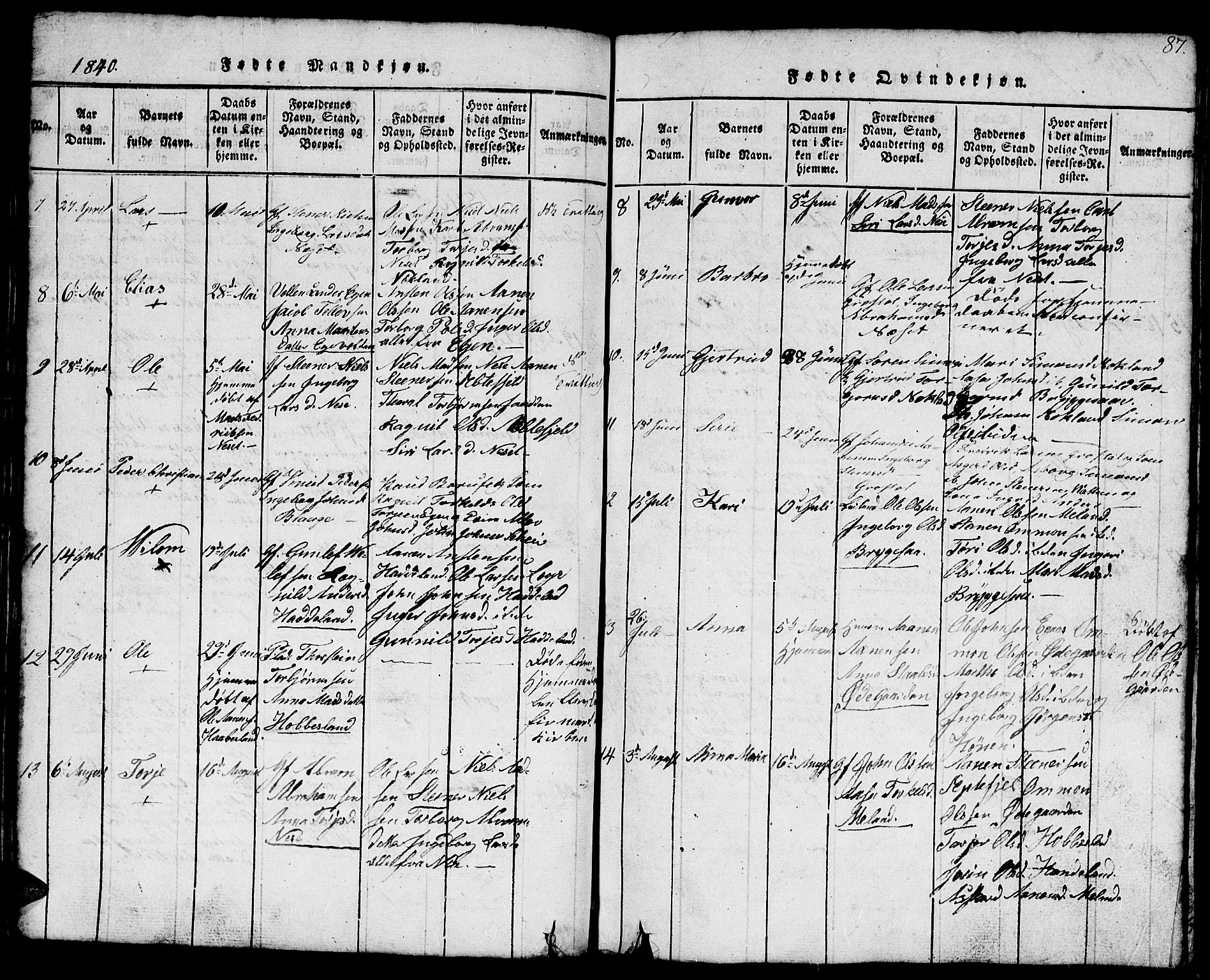Hægebostad sokneprestkontor, SAK/1111-0024/F/Fb/Fbb/L0001: Parish register (copy) no. B 1, 1816-1850, p. 87