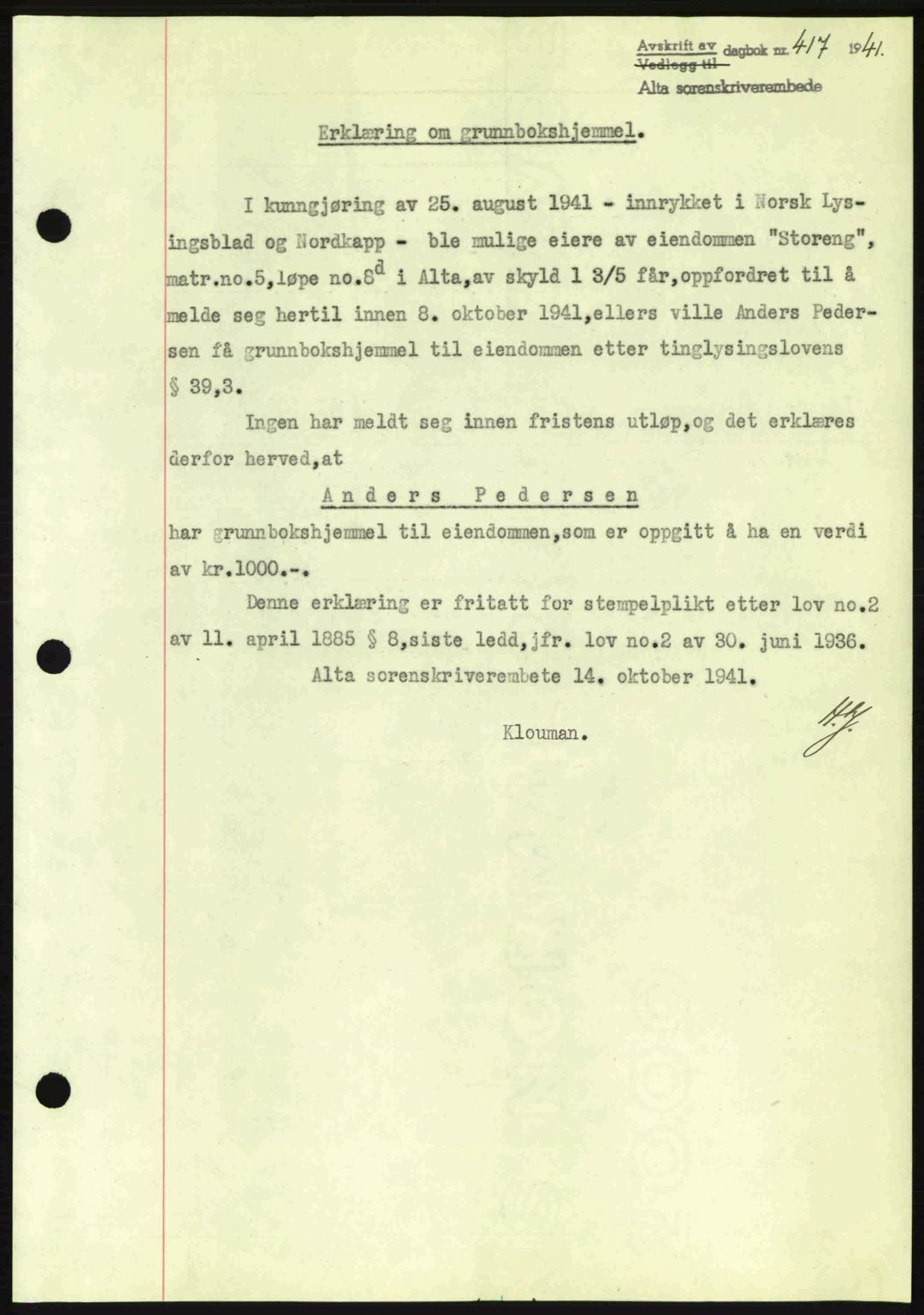 Alta fogderi/sorenskriveri, SATØ/SATØ-5/1/K/Kd/L0033pantebok: Mortgage book no. 33, 1940-1943, Diary no: : 417/1941