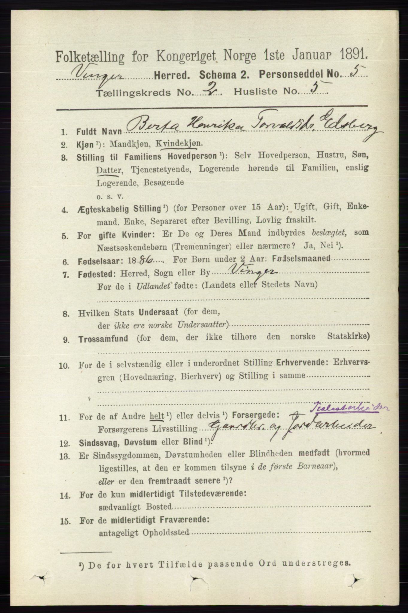 RA, 1891 census for 0421 Vinger, 1891, p. 485