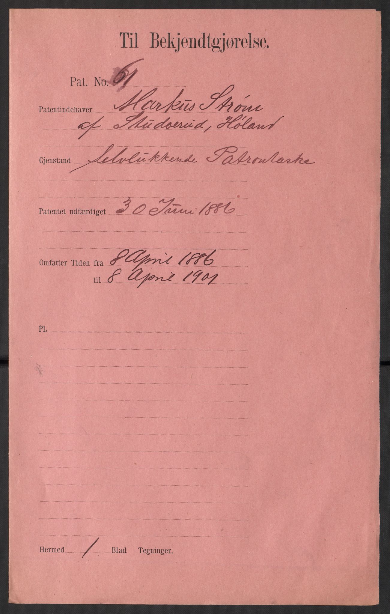 Styret for det industrielle rettsvern (Patentstyret), RA/S-1654/D/Dd/Dda/L0002A: Patent nr. 51-75, 1886, p. 5