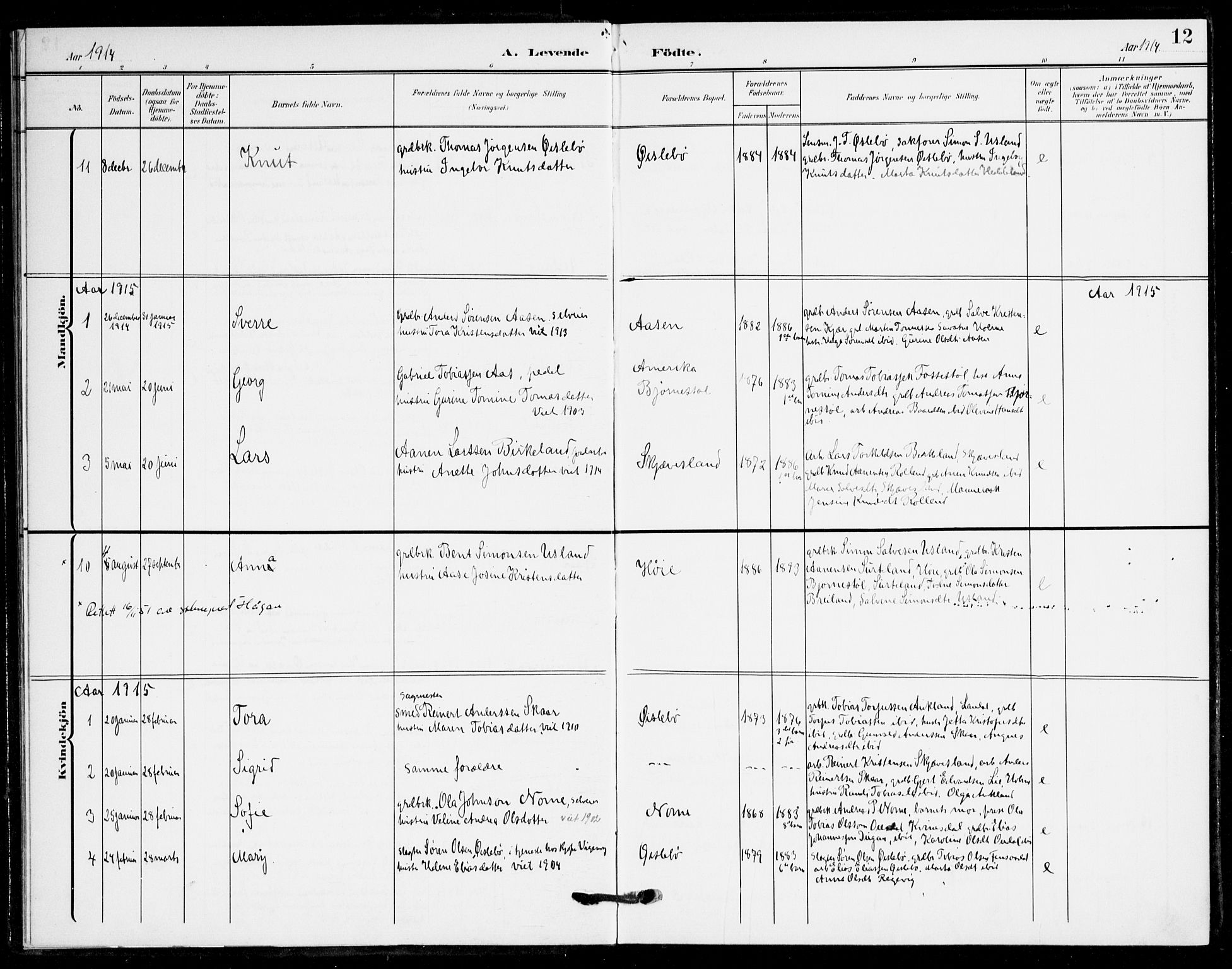 Holum sokneprestkontor, SAK/1111-0022/F/Fa/Fac/L0005: Parish register (official) no. A 5, 1908-1930, p. 12