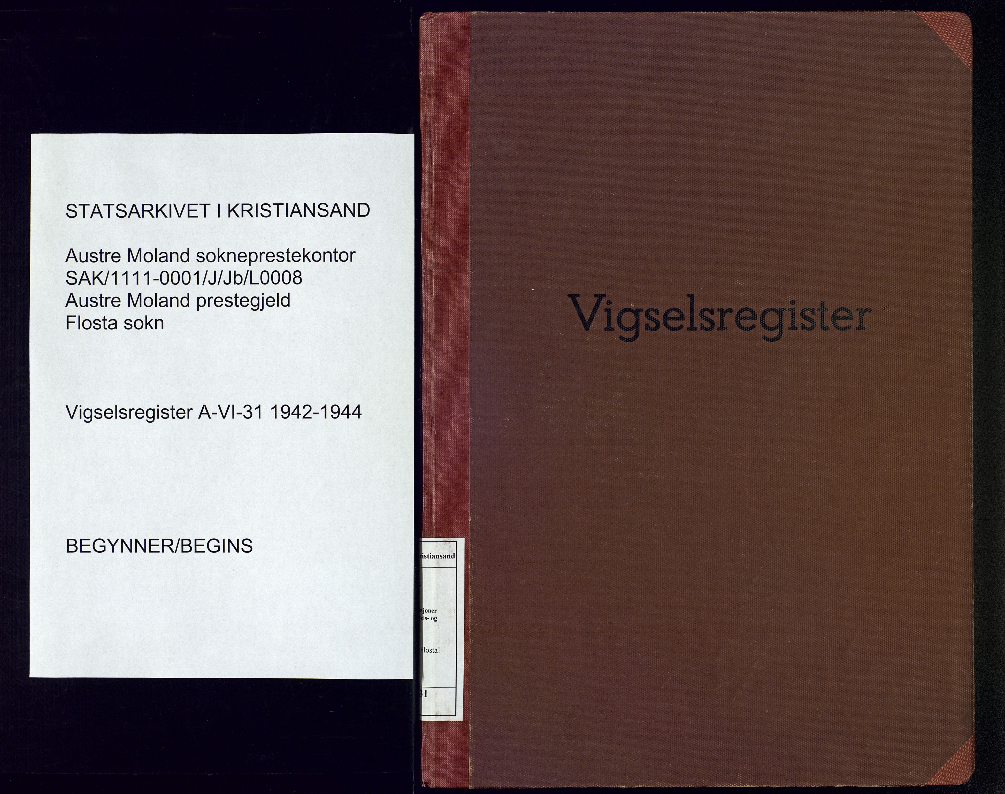 Austre Moland sokneprestkontor, SAK/1111-0001/J/Jb/L0008: Marriage register no. A-VI-31, 1942-1944