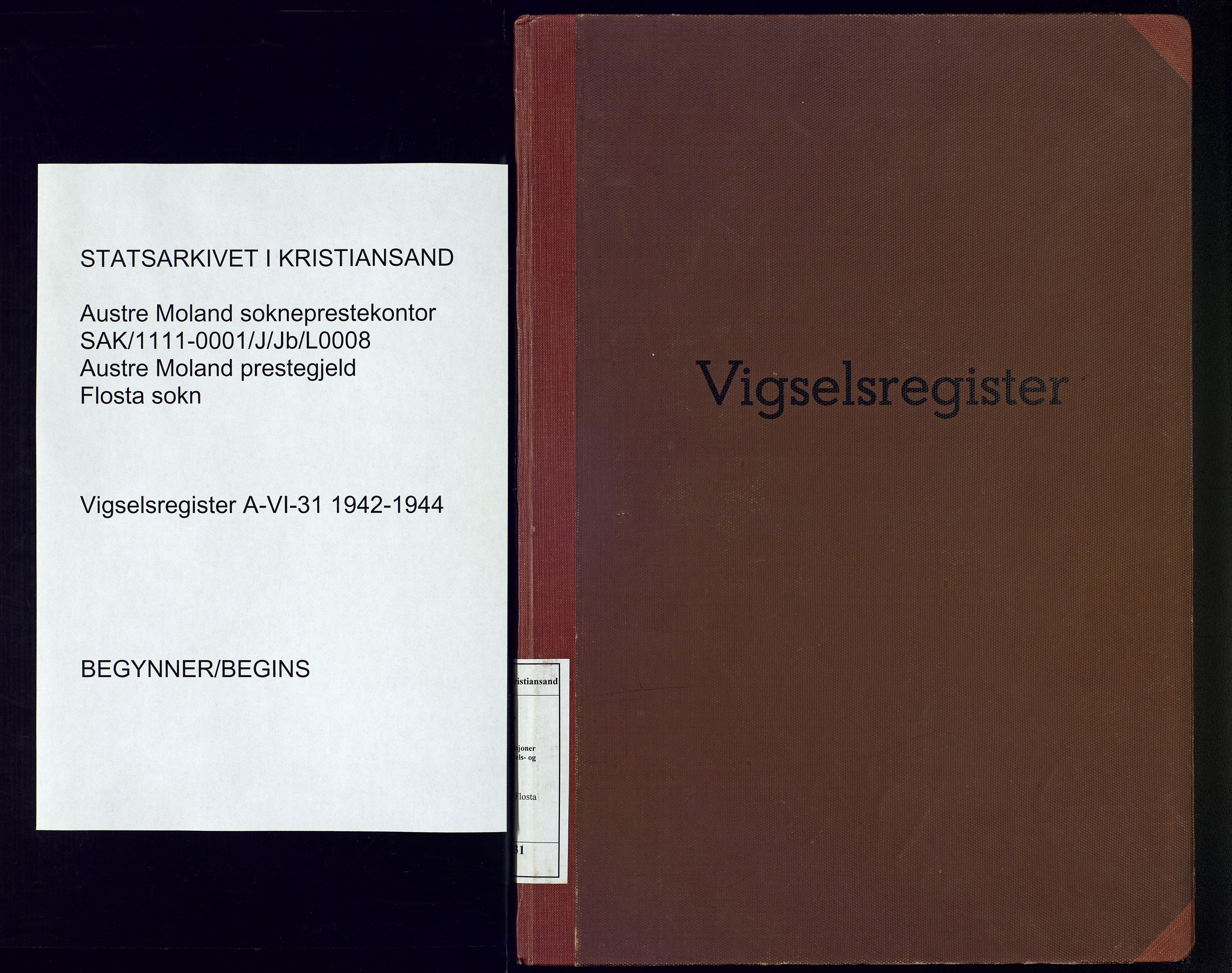 Austre Moland sokneprestkontor, AV/SAK-1111-0001/J/Jb/L0008: Marriage register no. A-VI-31, 1942-1944