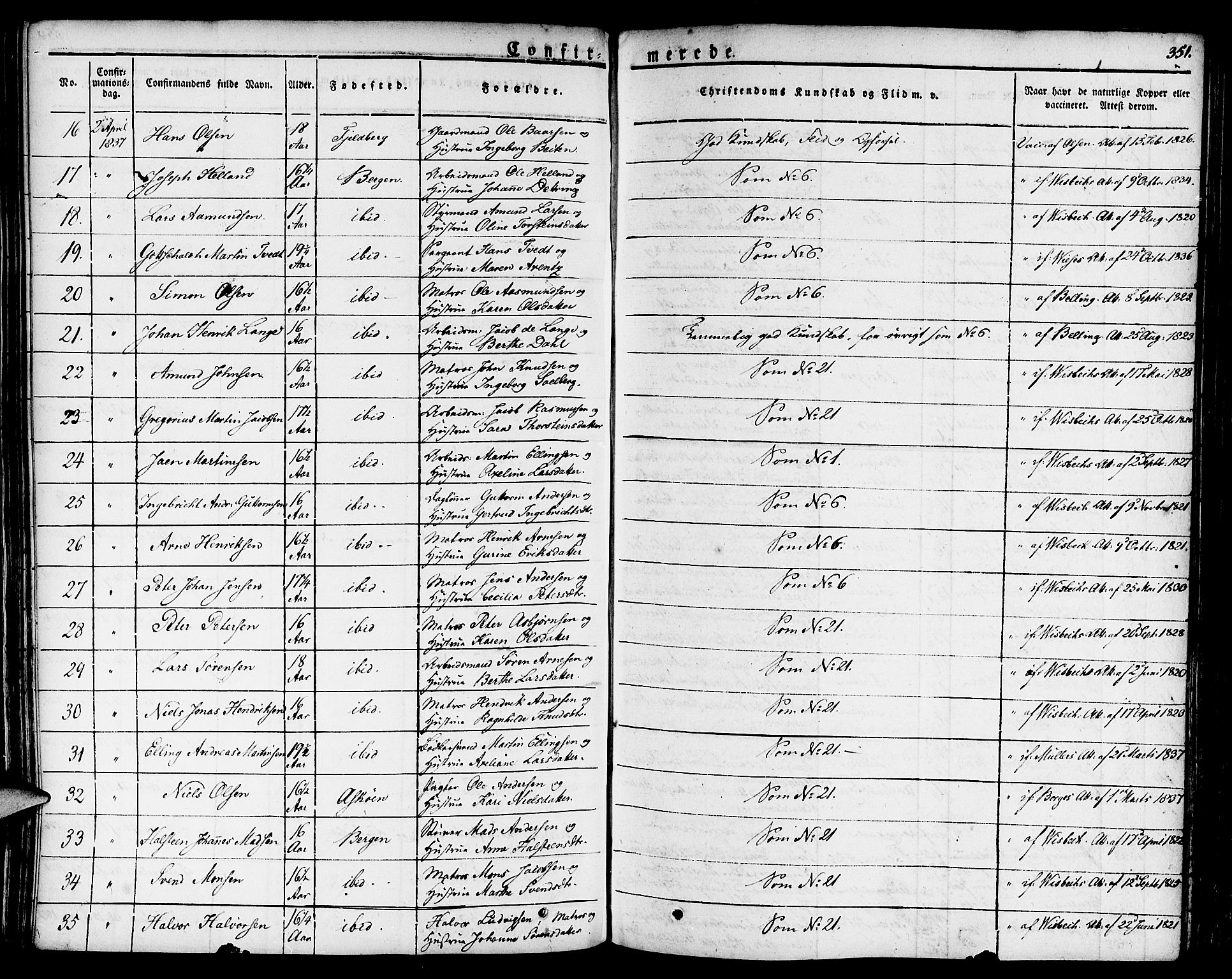 Nykirken Sokneprestembete, SAB/A-77101/H/Haa/L0012: Parish register (official) no. A 12, 1821-1844, p. 351