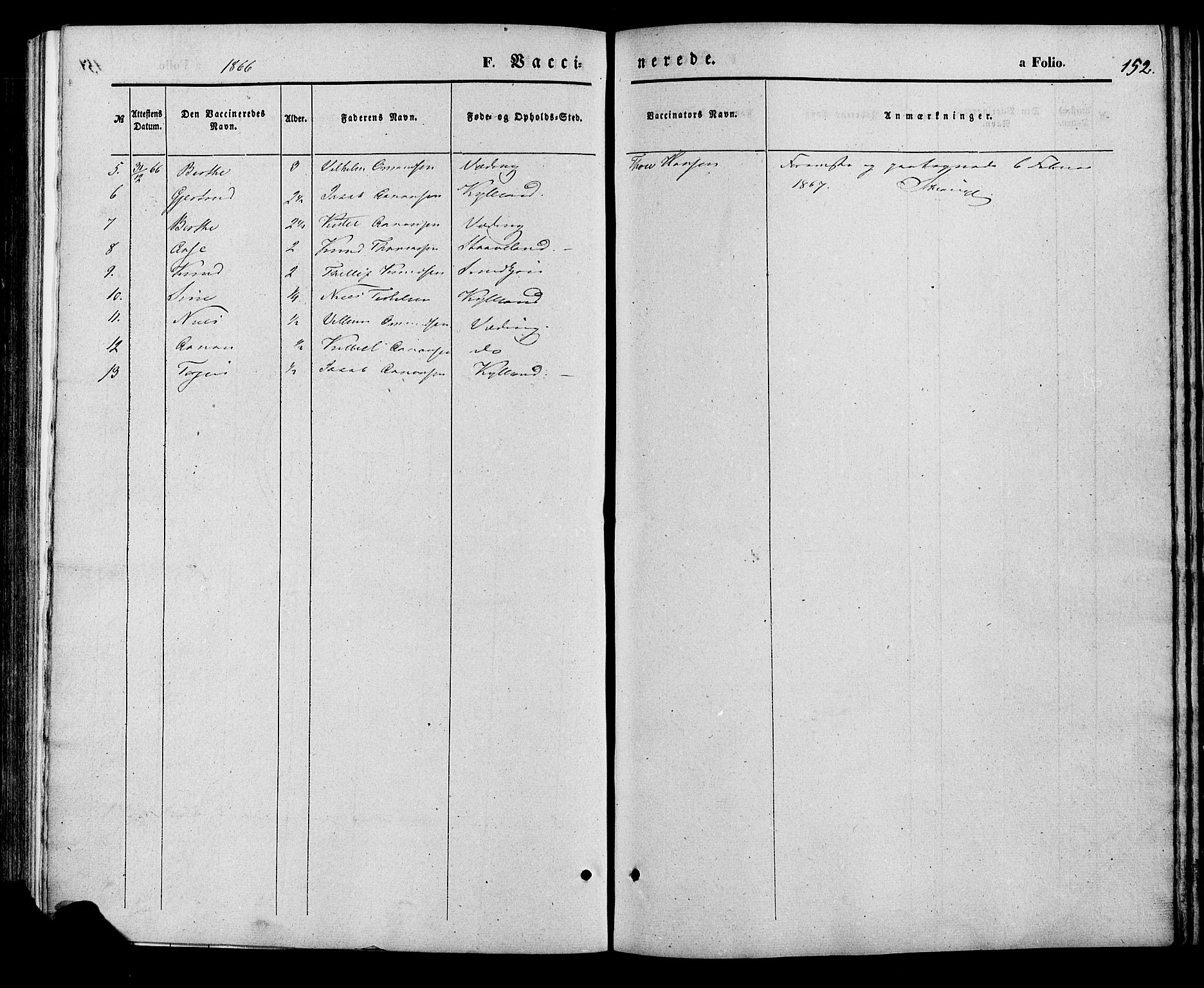 Herefoss sokneprestkontor, AV/SAK-1111-0019/F/Fa/Faa/L0002: Parish register (official) no. A 2, 1861-1886, p. 152