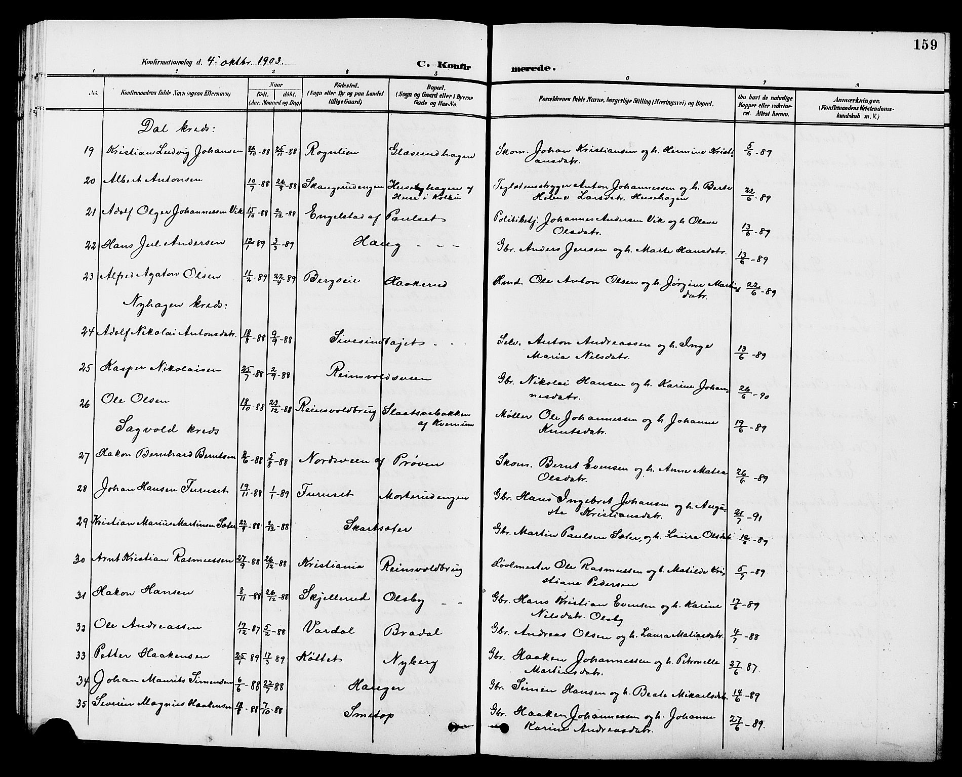 Vestre Toten prestekontor, SAH/PREST-108/H/Ha/Hab/L0010: Parish register (copy) no. 10, 1900-1912, p. 159