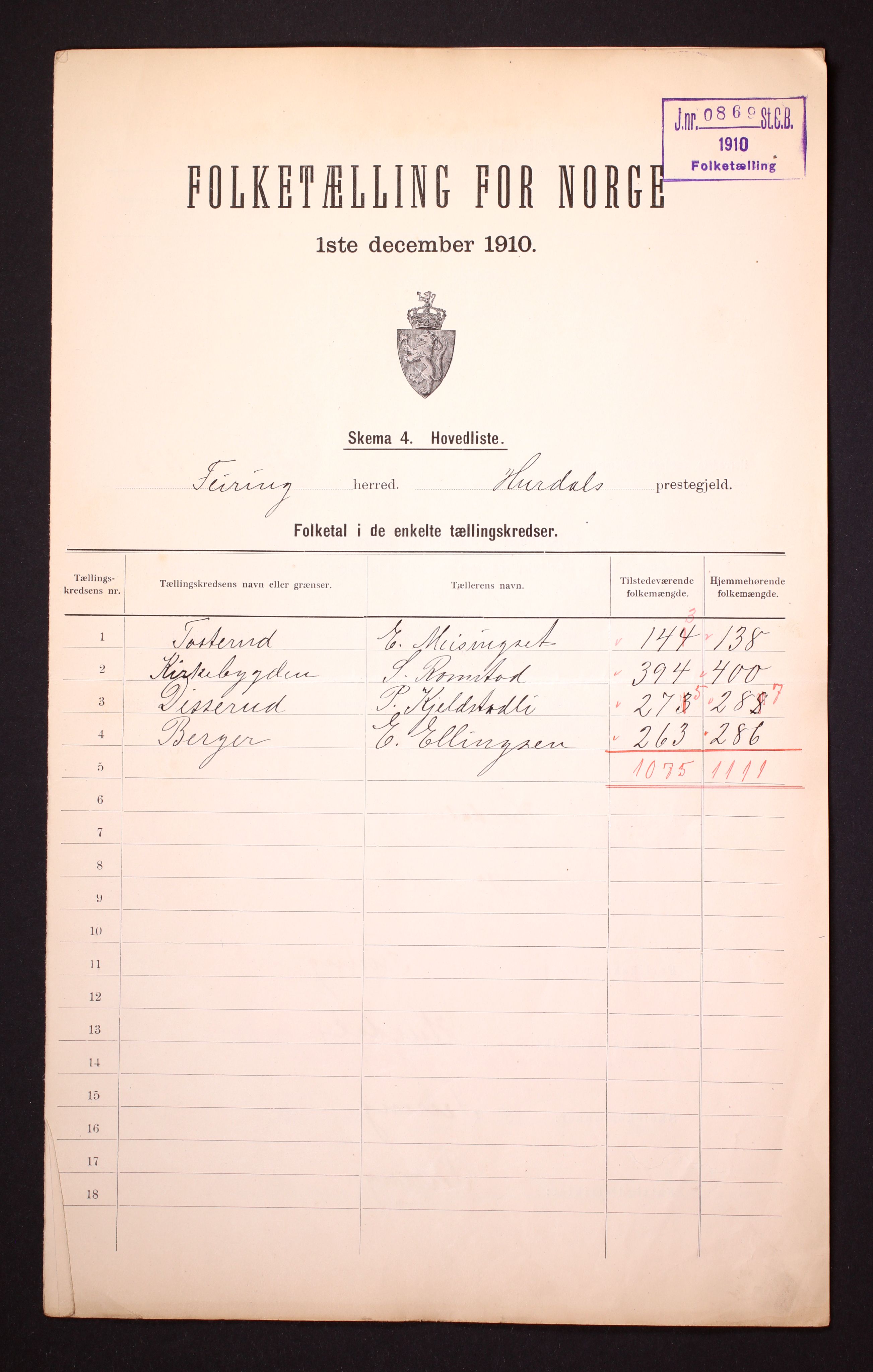 RA, 1910 census for Feiring, 1910, p. 2