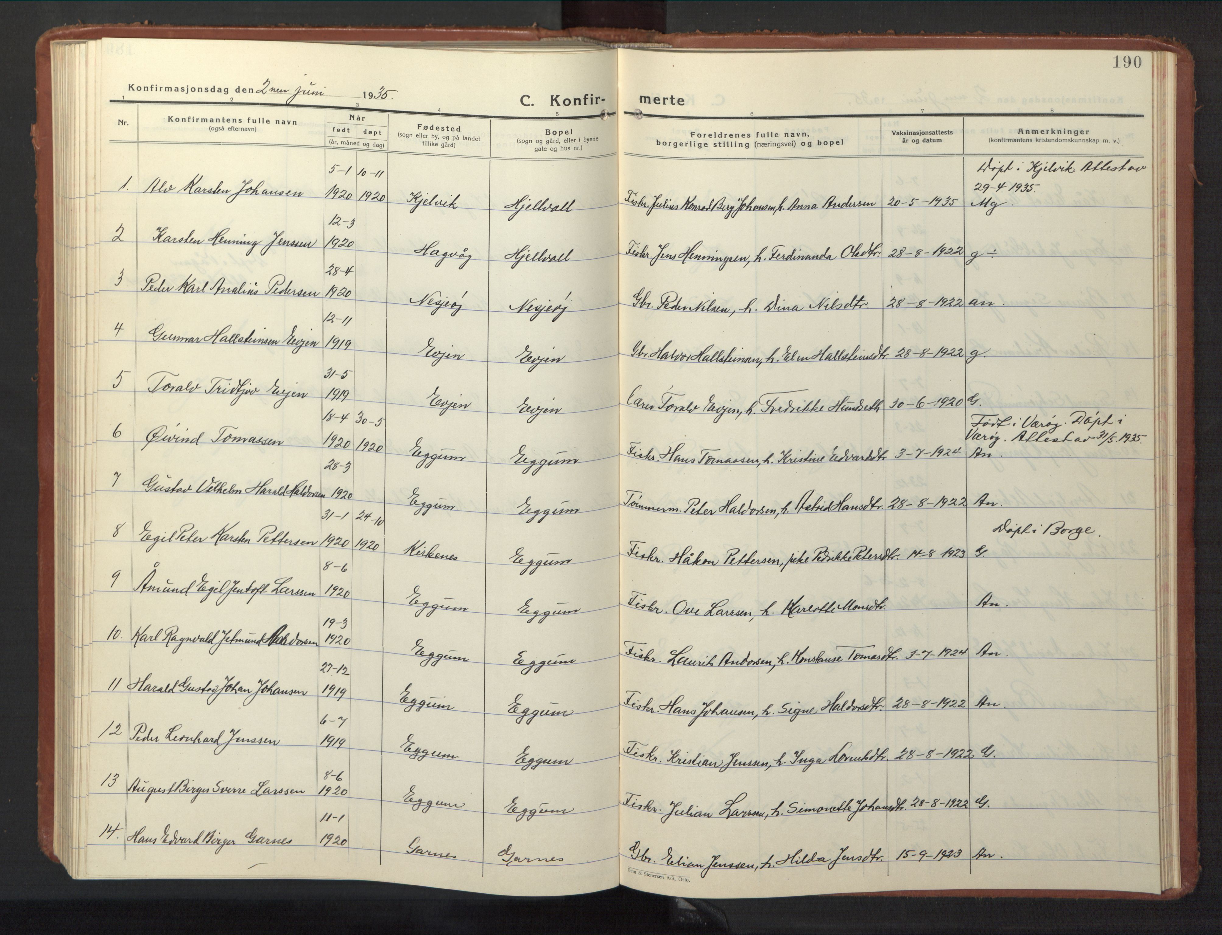 Ministerialprotokoller, klokkerbøker og fødselsregistre - Nordland, AV/SAT-A-1459/880/L1143: Parish register (copy) no. 880C05, 1929-1951, p. 190