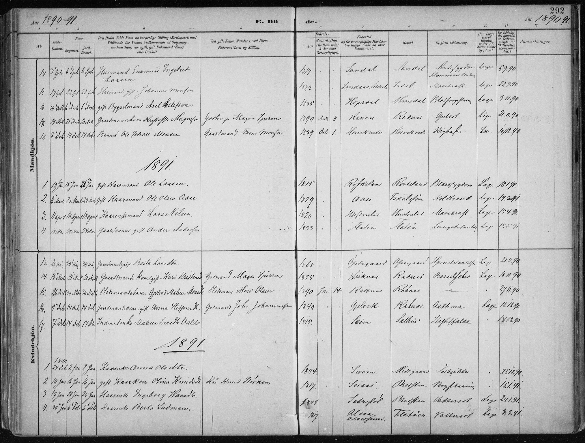 Hamre sokneprestembete, SAB/A-75501/H/Ha/Haa/Haab/L0001: Parish register (official) no. B  1, 1882-1905, p. 292