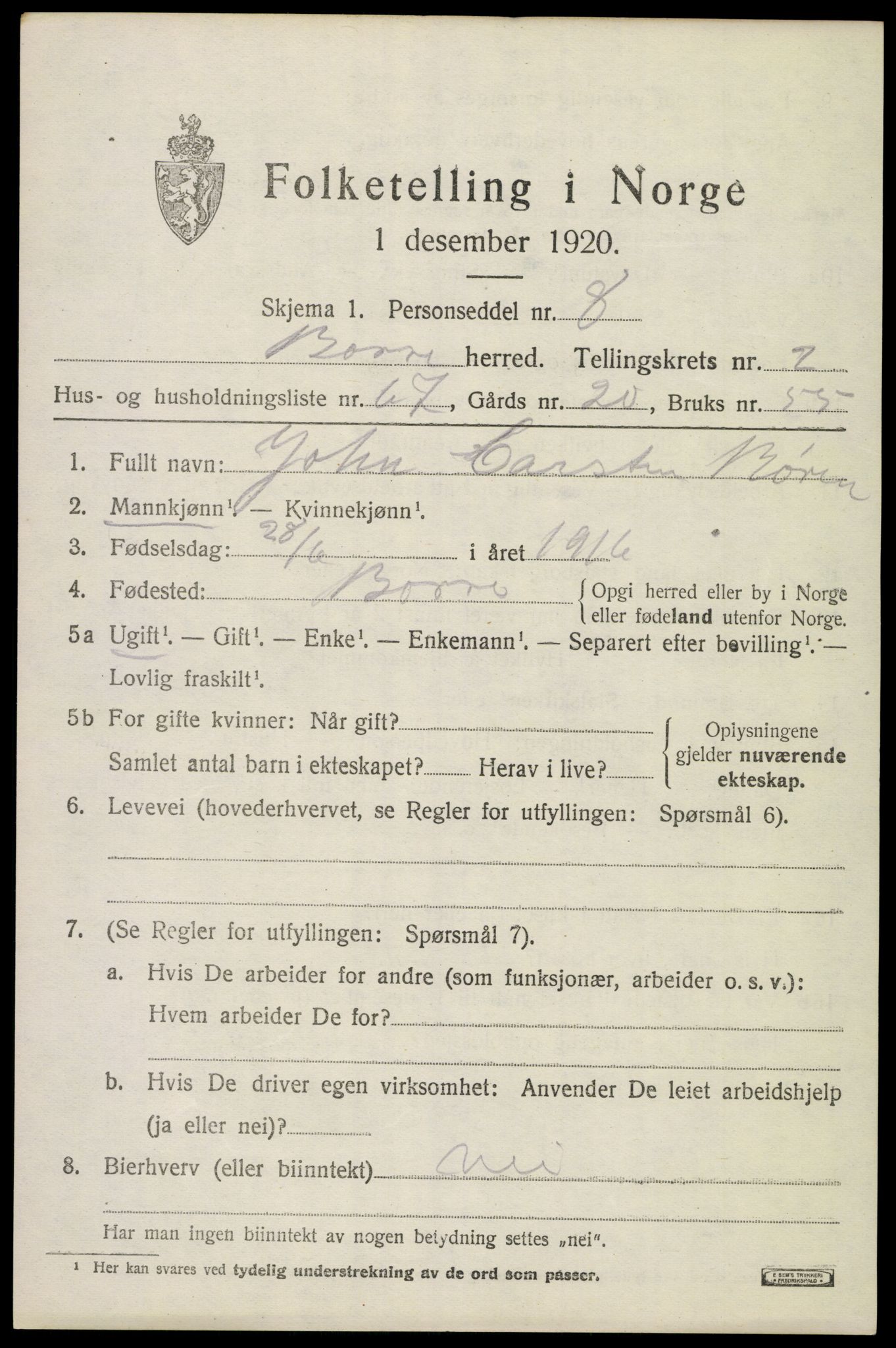SAKO, 1920 census for Borre, 1920, p. 4958