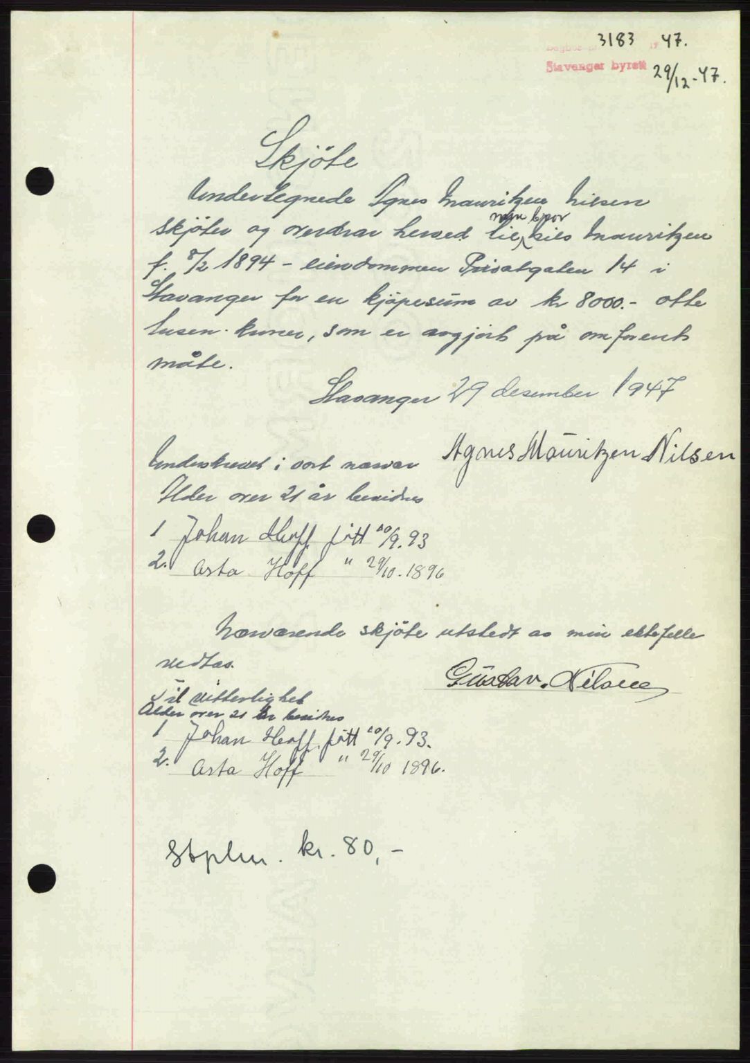 Stavanger byrett, SAST/A-100455/002/G/Gb/L0022: Mortgage book no. A11, 1947-1948, Diary no: : 3183/1947