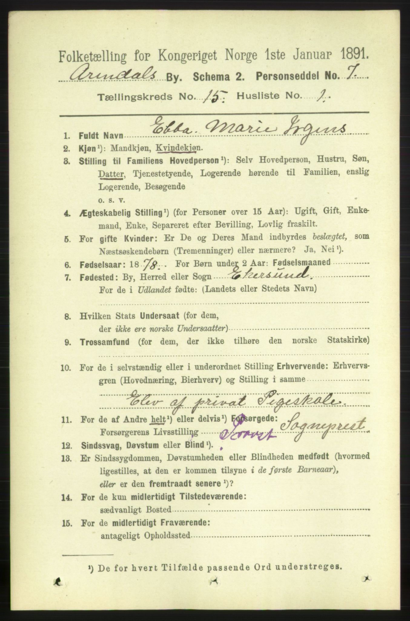 RA, 1891 census for 0903 Arendal, 1891, p. 5033