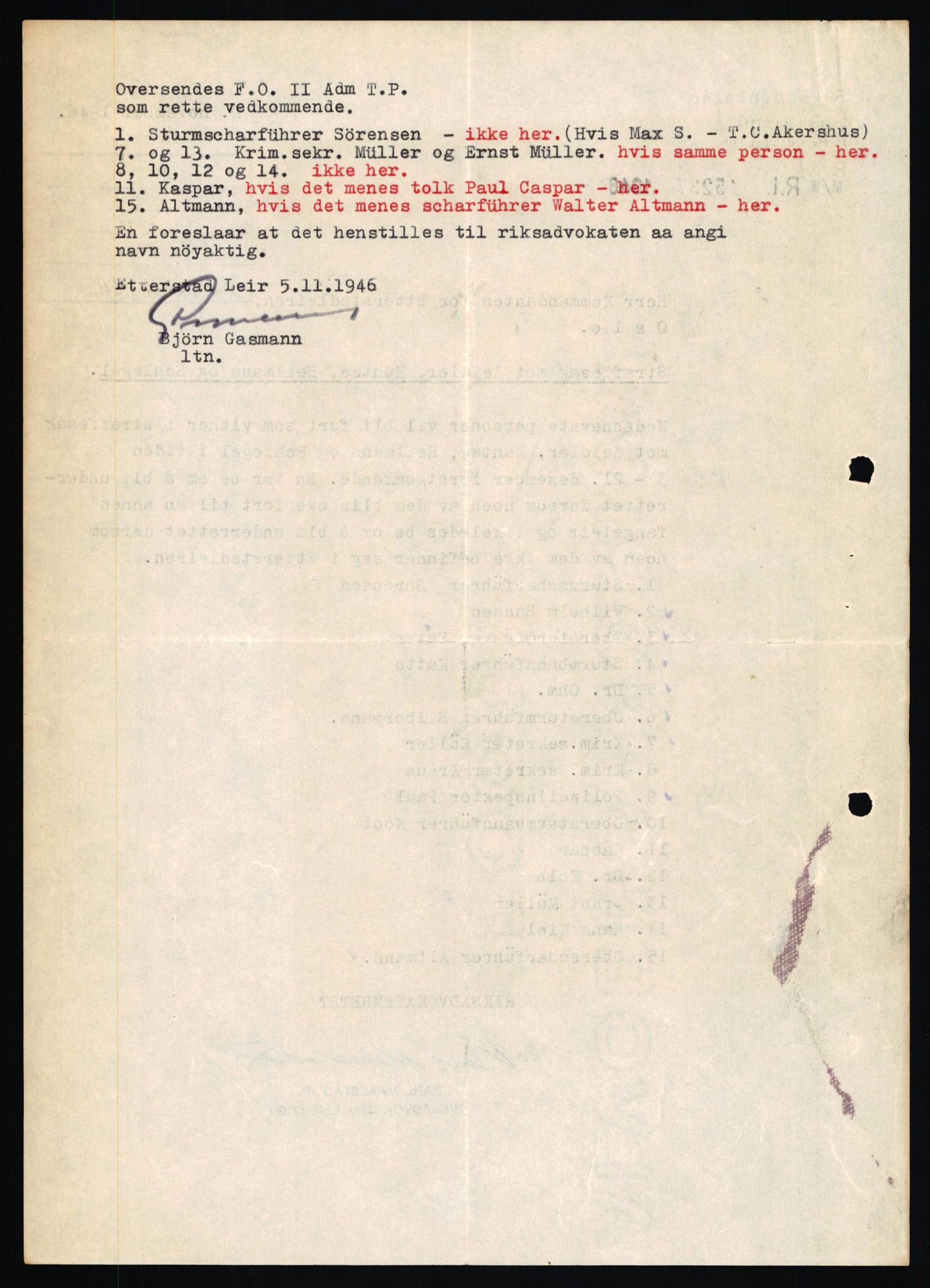 Forsvaret, Forsvarets overkommando II, RA/RAFA-3915/D/Db/L0029: CI Questionaires. Tyske okkupasjonsstyrker i Norge. Tyskere., 1945-1946, p. 242