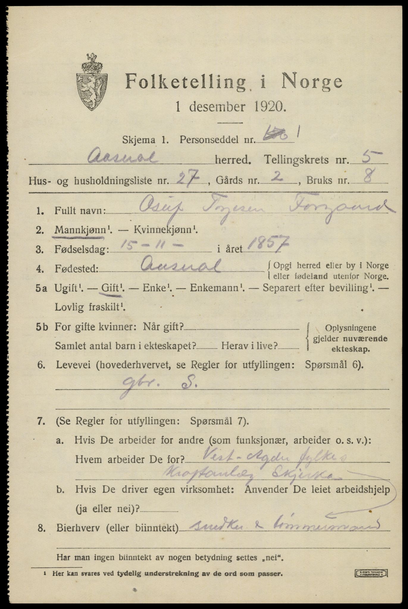 SAK, 1920 census for Åseral, 1920, p. 1774