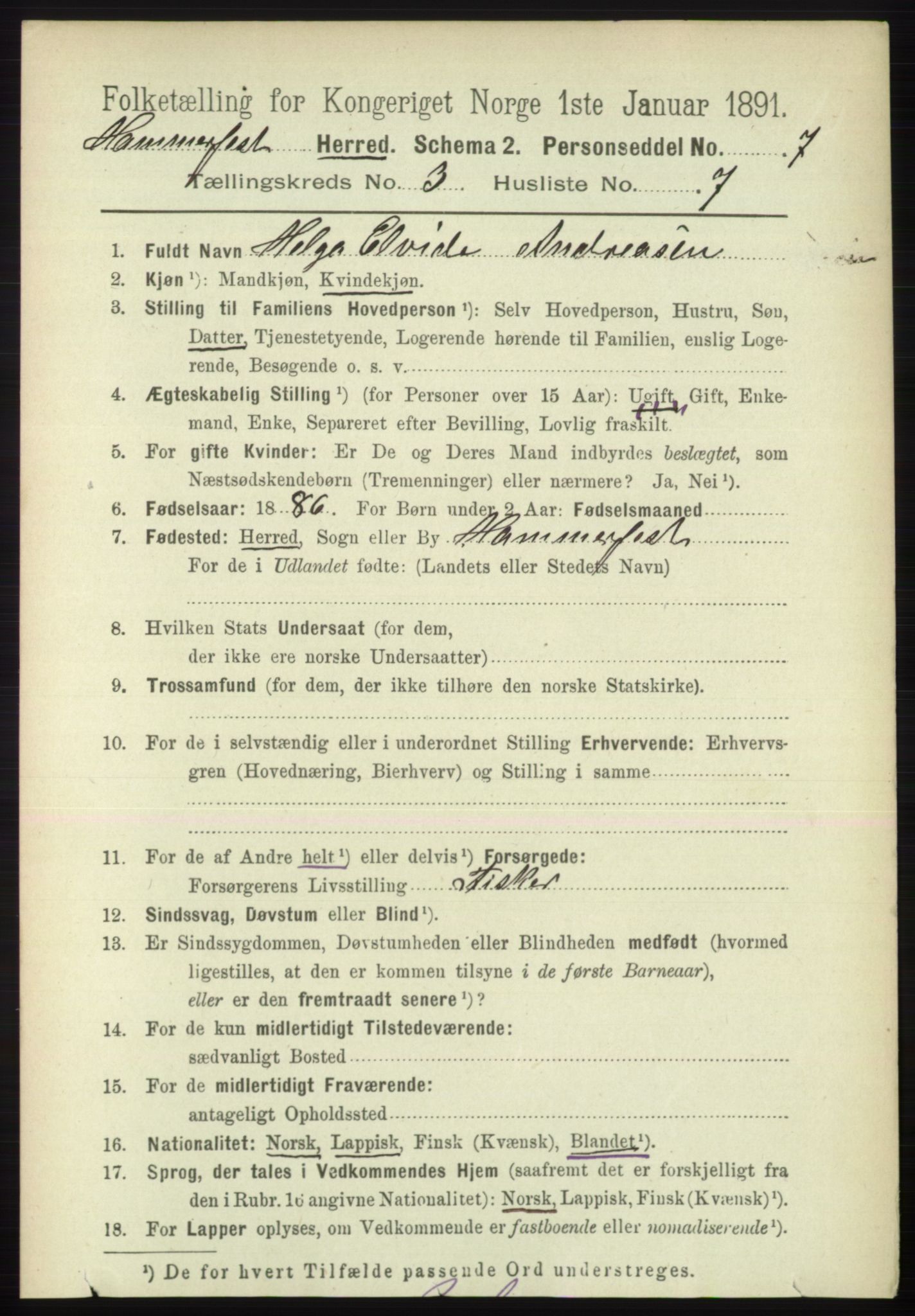 RA, 1891 census for 2016 Hammerfest, 1891, p. 1051