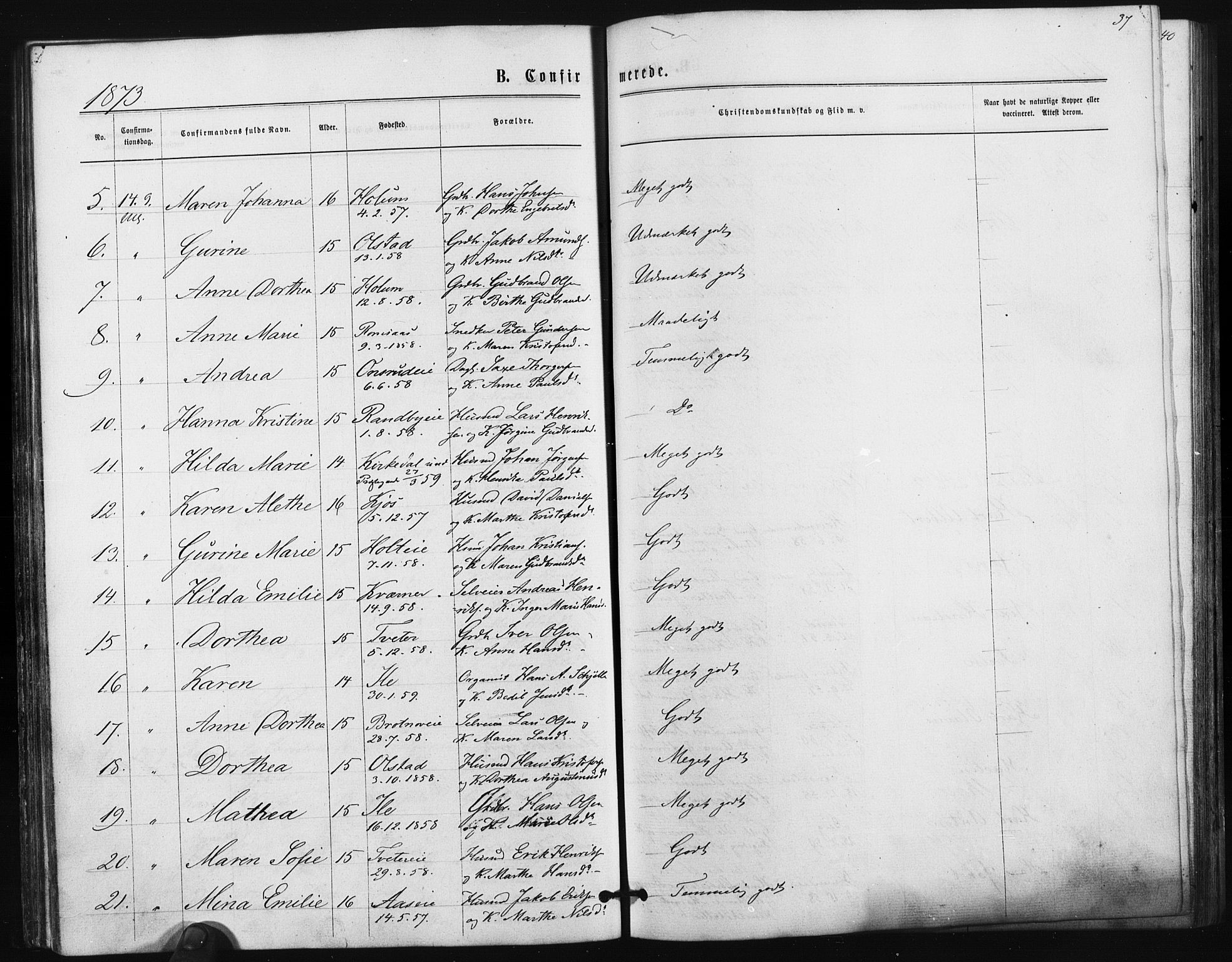Ullensaker prestekontor Kirkebøker, SAO/A-10236a/F/Fa/L0017: Parish register (official) no. I 17, 1871-1875, p. 37