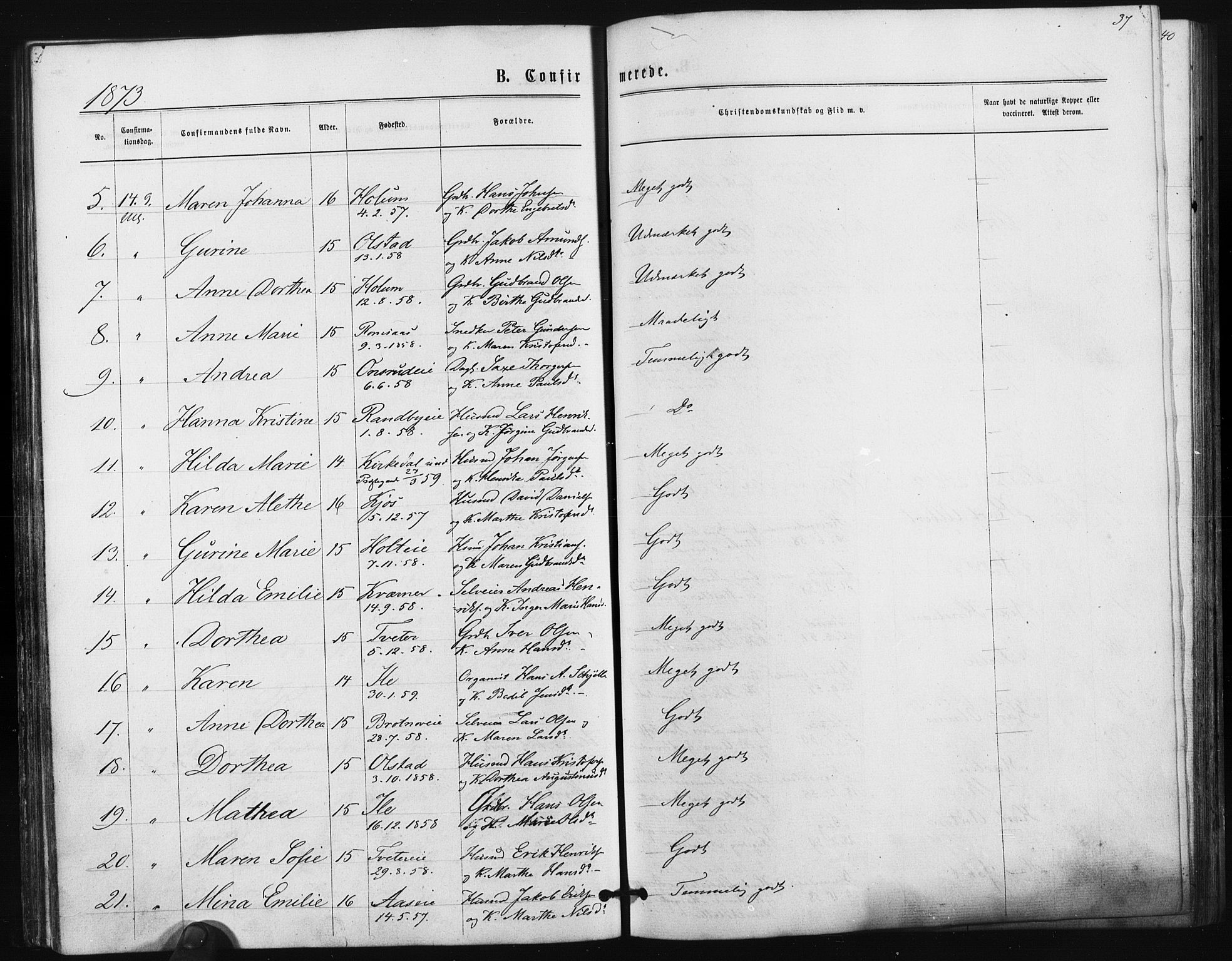 Ullensaker prestekontor Kirkebøker, AV/SAO-A-10236a/F/Fa/L0017: Parish register (official) no. I 17, 1871-1875, p. 37