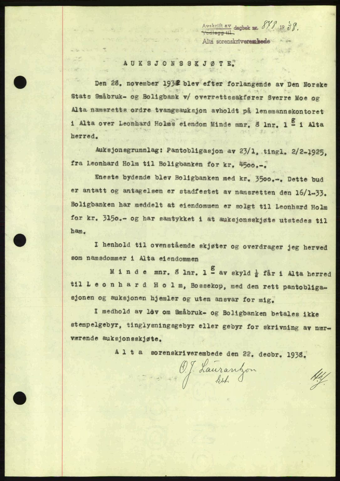 Alta fogderi/sorenskriveri, SATØ/SATØ-5/1/K/Kd/L0031pantebok: Mortgage book no. 31, 1938-1939, Diary no: : 878/1938