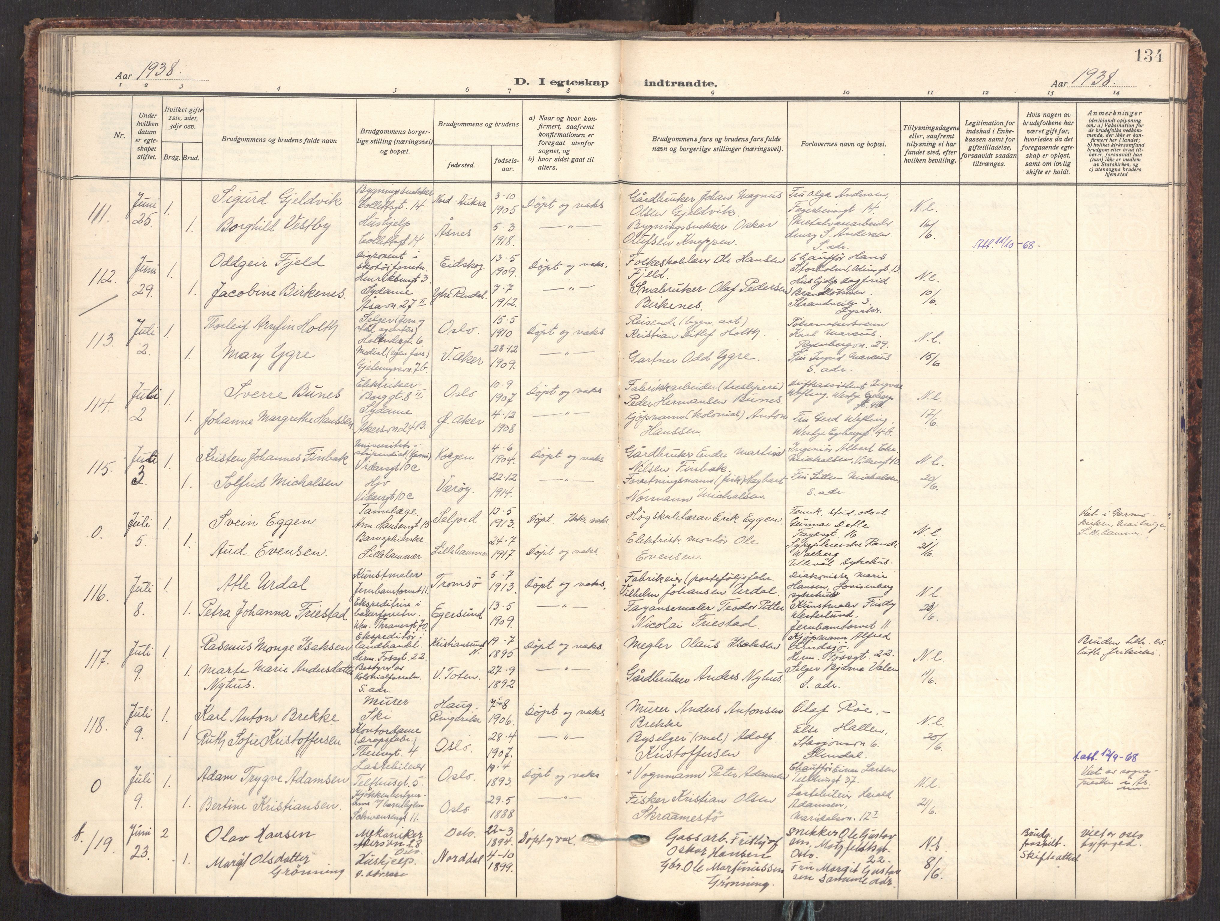 Gamle Aker prestekontor Kirkebøker, SAO/A-10617a/F/L0021: Parish register (official) no. 21, 1932-1941, p. 134