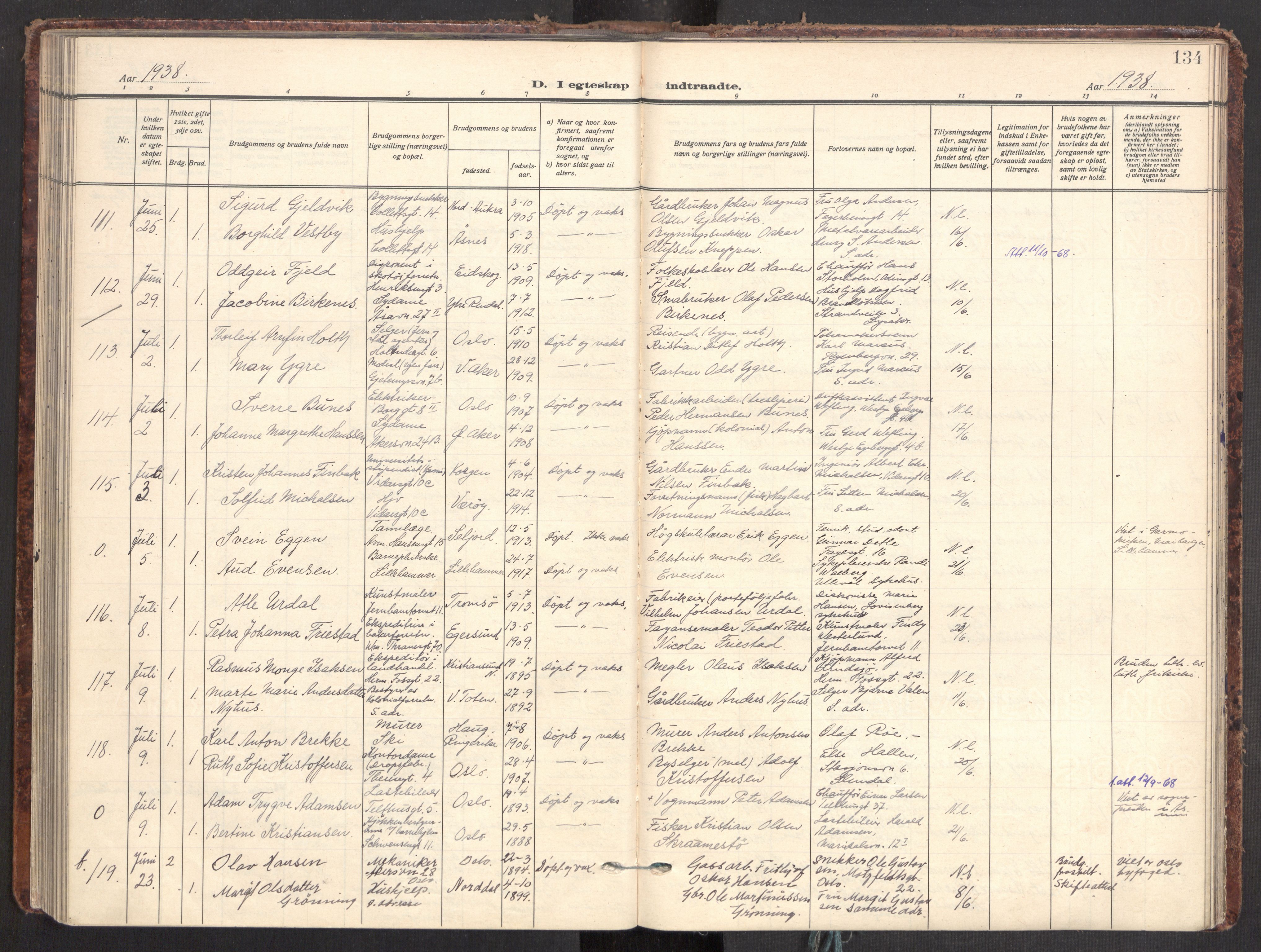 Gamle Aker prestekontor Kirkebøker, AV/SAO-A-10617a/F/L0021: Parish register (official) no. 21, 1932-1941, p. 134