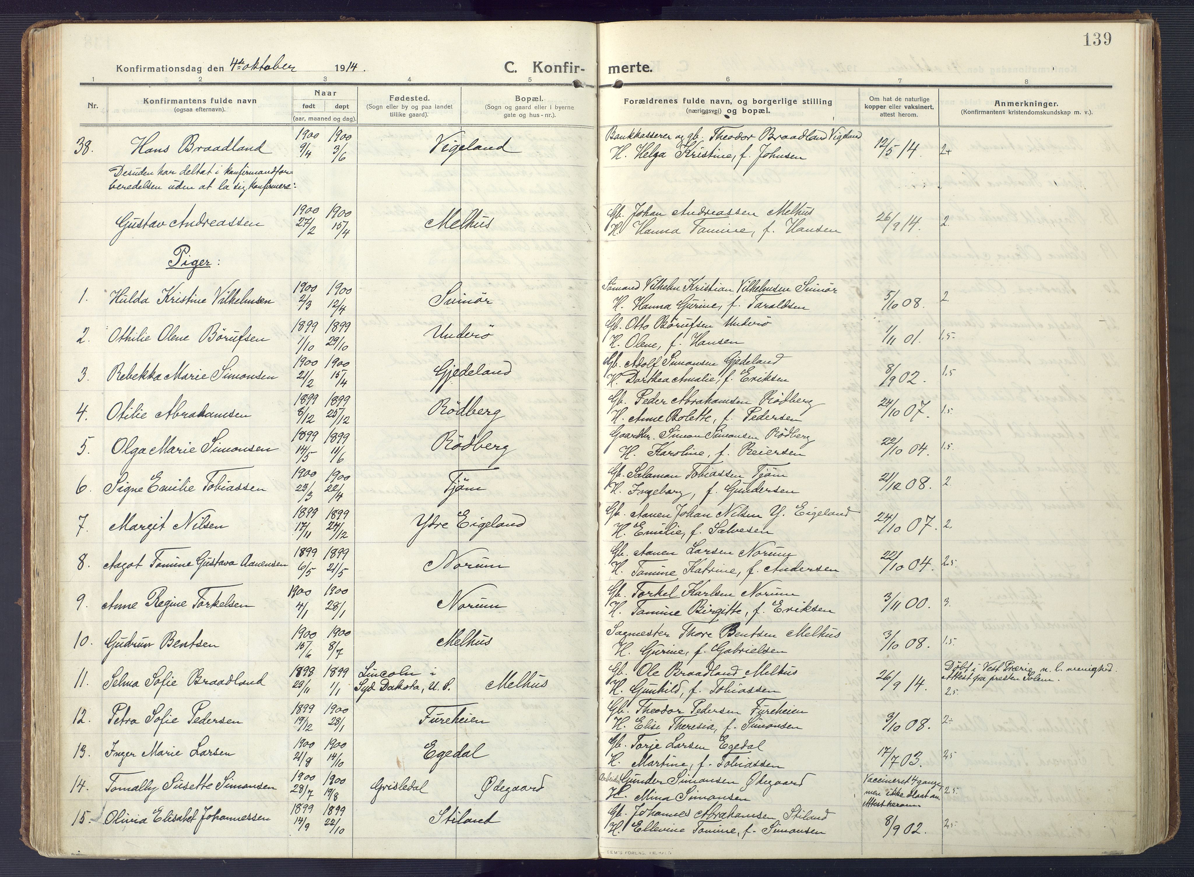 Sør-Audnedal sokneprestkontor, AV/SAK-1111-0039/F/Fa/Fab/L0011: Parish register (official) no. A 11, 1912-1938, p. 139