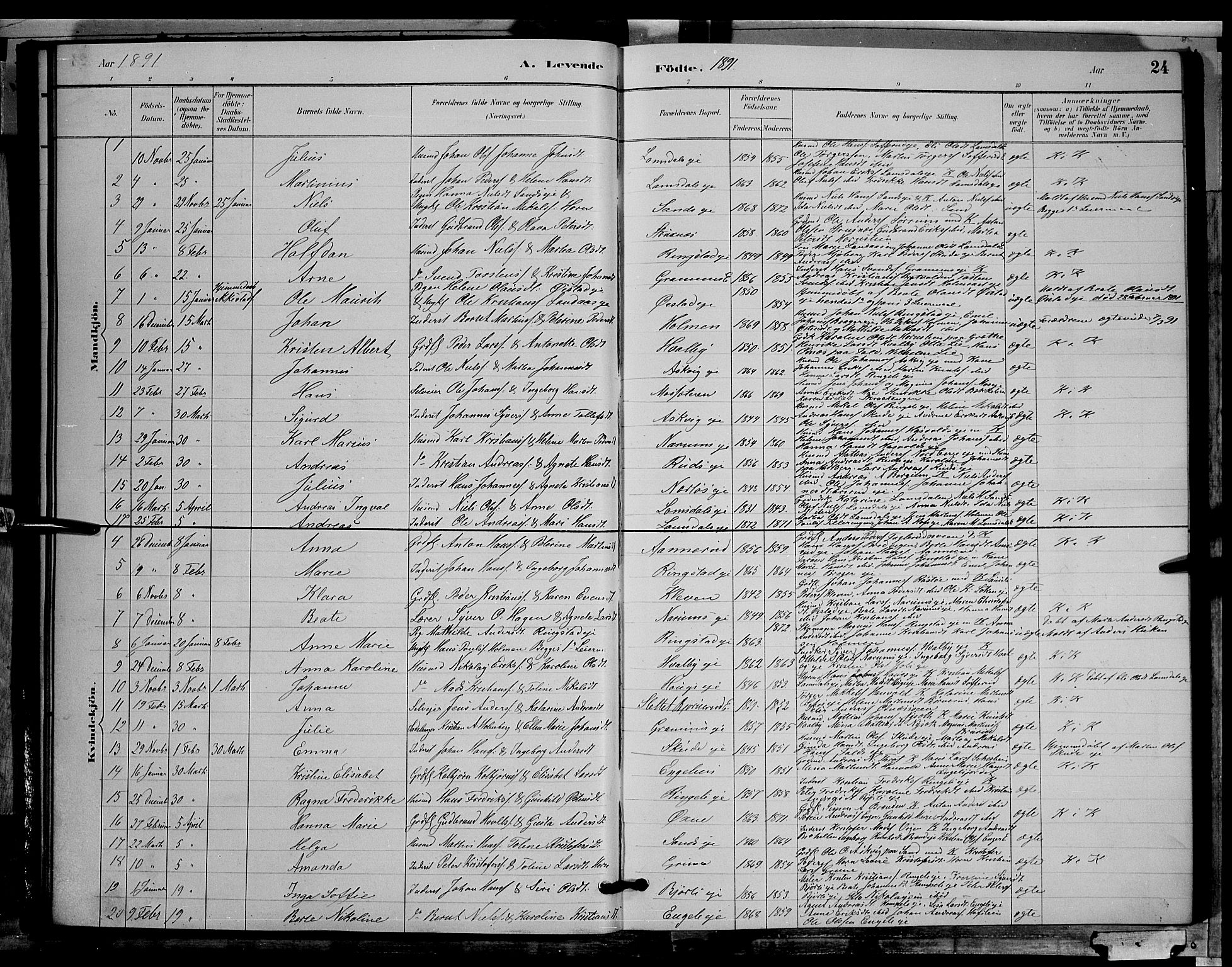 Søndre Land prestekontor, AV/SAH-PREST-122/L/L0002: Parish register (copy) no. 2, 1884-1900, p. 24