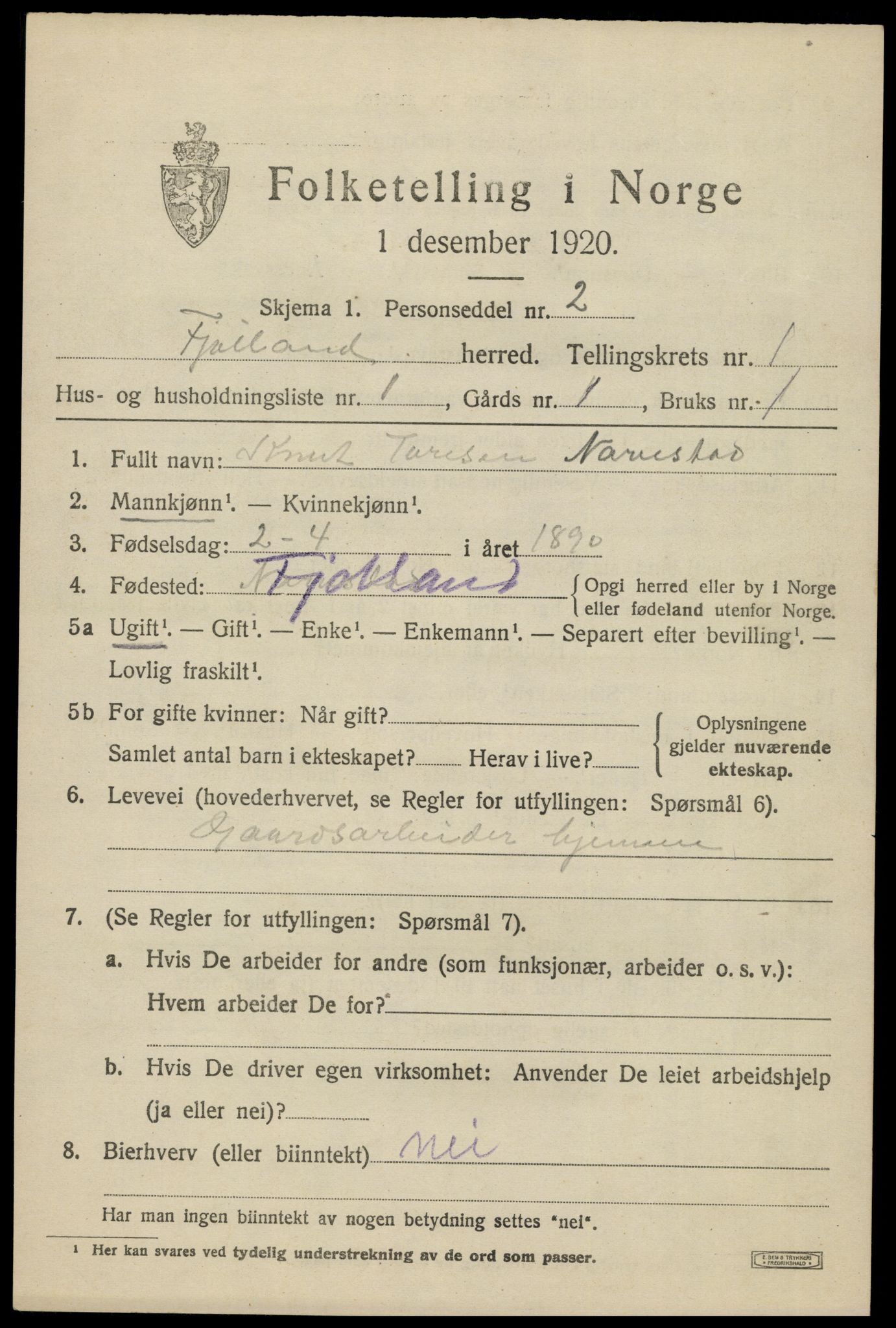 SAK, 1920 census for Fjotland, 1920, p. 426