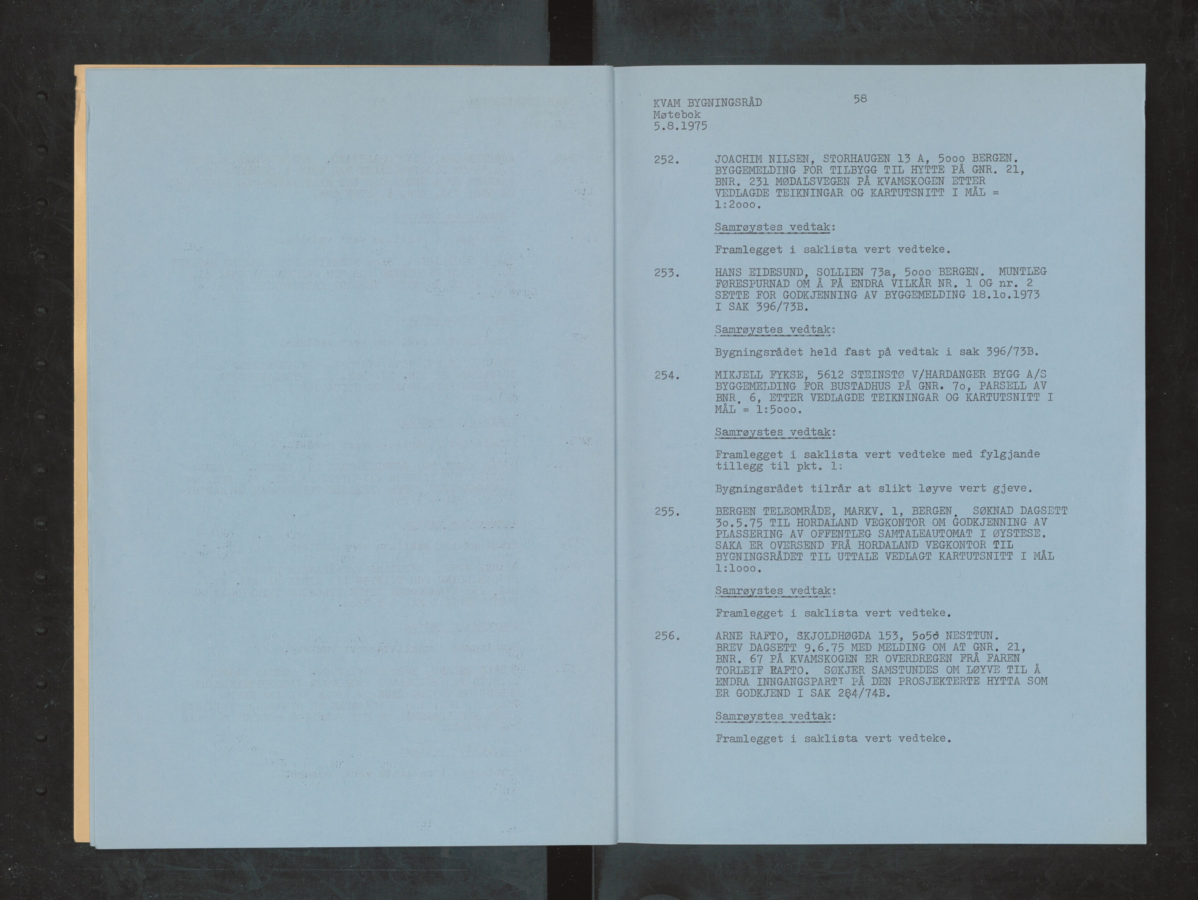 Kvam herad. Bygningsrådet, IKAH/1238-511/A/Ab/L0048: Utskrift av møtebok for Kvam bygningsråd, 1975