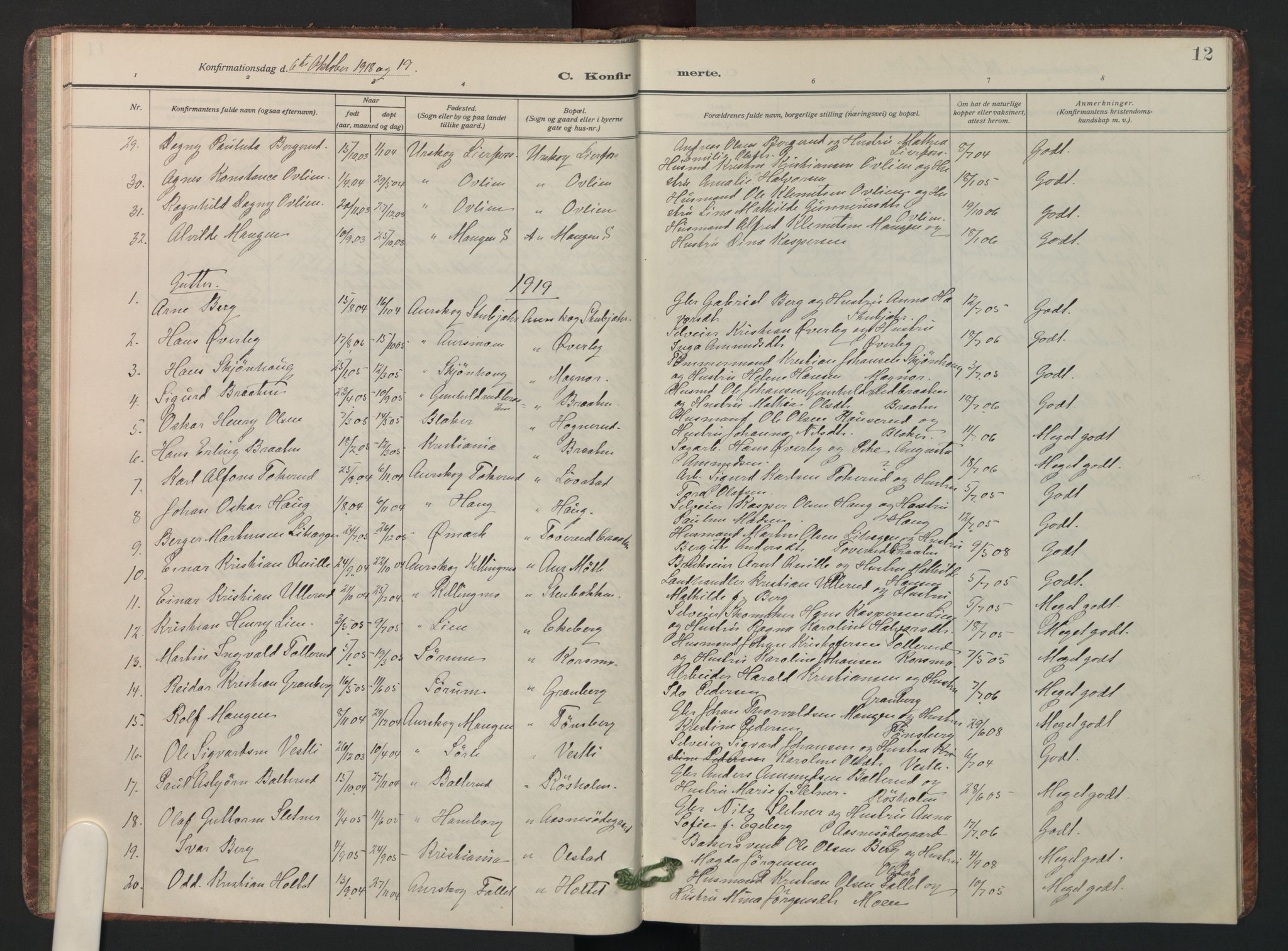 Aurskog prestekontor Kirkebøker, SAO/A-10304a/F/Fa/L0015: Parish register (official) no. I 15, 1915-1929, p. 12