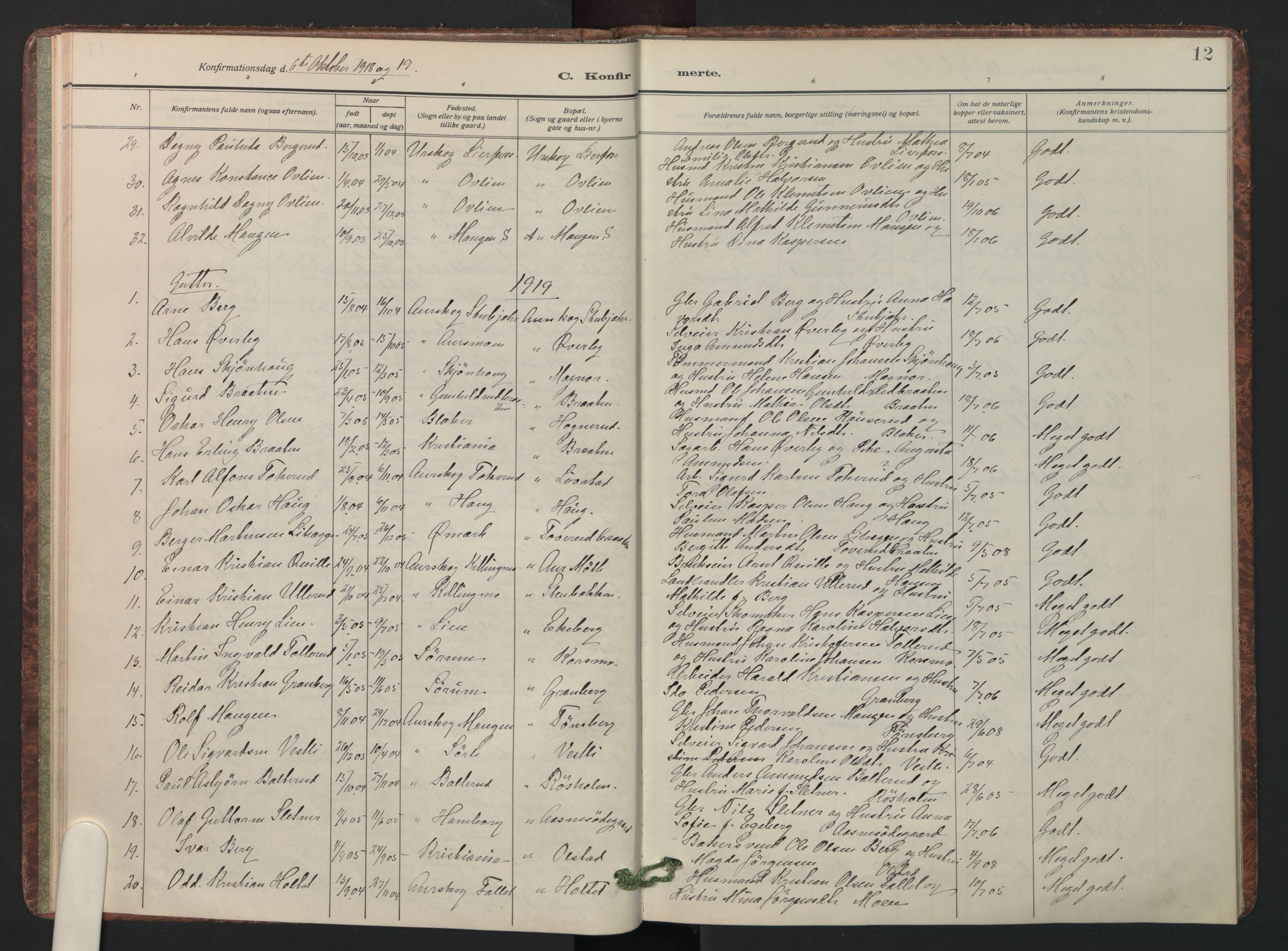 Aurskog prestekontor Kirkebøker, AV/SAO-A-10304a/F/Fa/L0015: Parish register (official) no. I 15, 1915-1929, p. 12