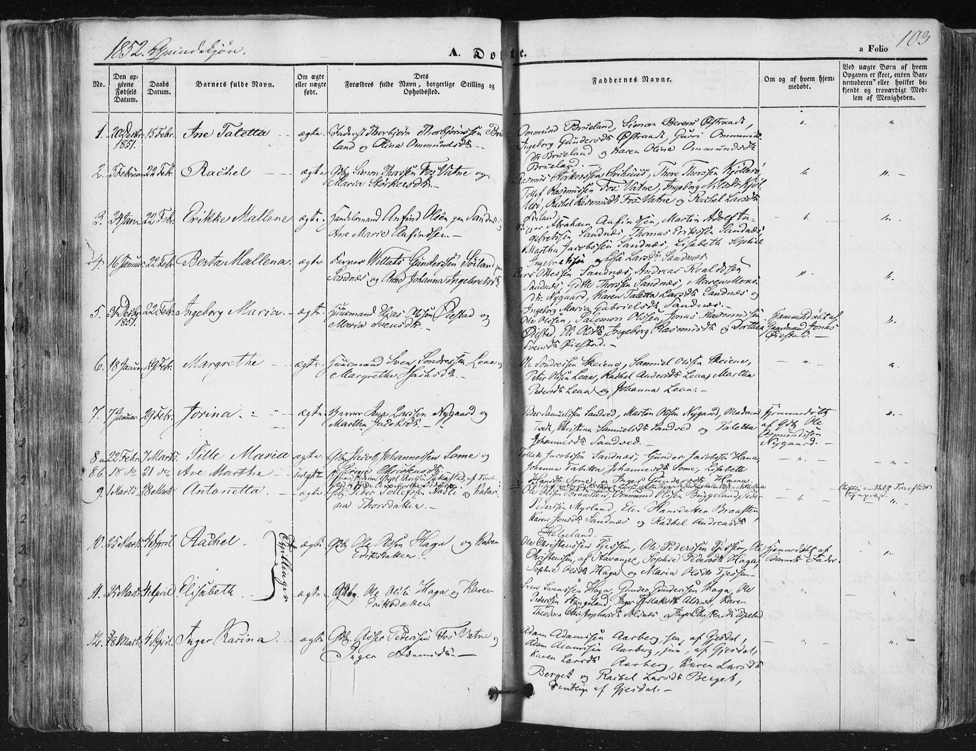 Høyland sokneprestkontor, AV/SAST-A-101799/001/30BA/L0008: Parish register (official) no. A 8, 1841-1856, p. 103