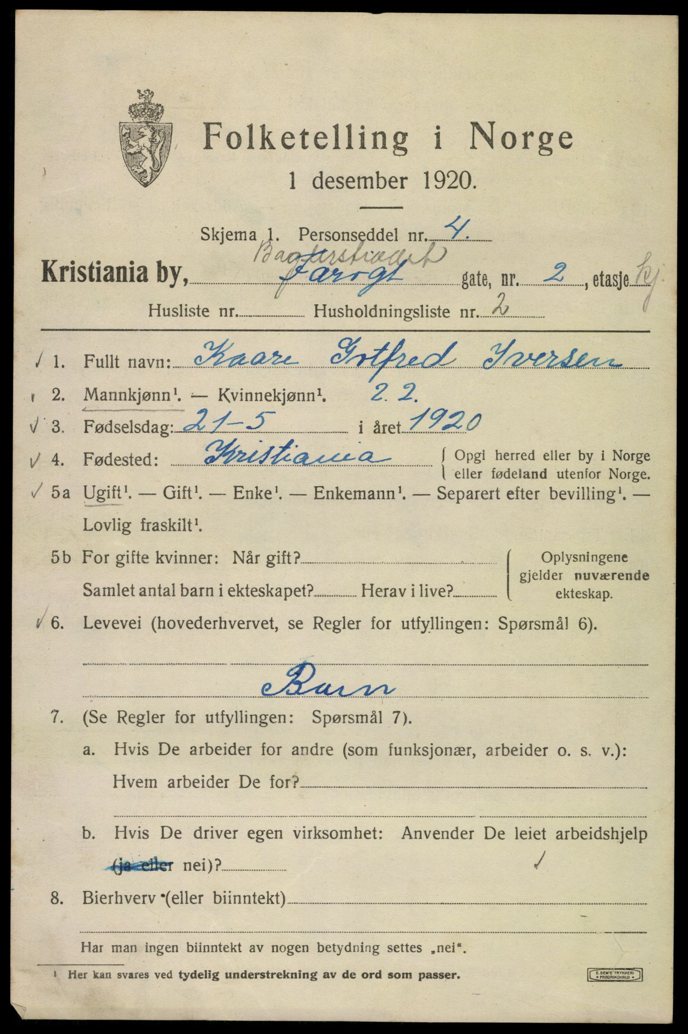 SAO, 1920 census for Kristiania, 1920, p. 147231