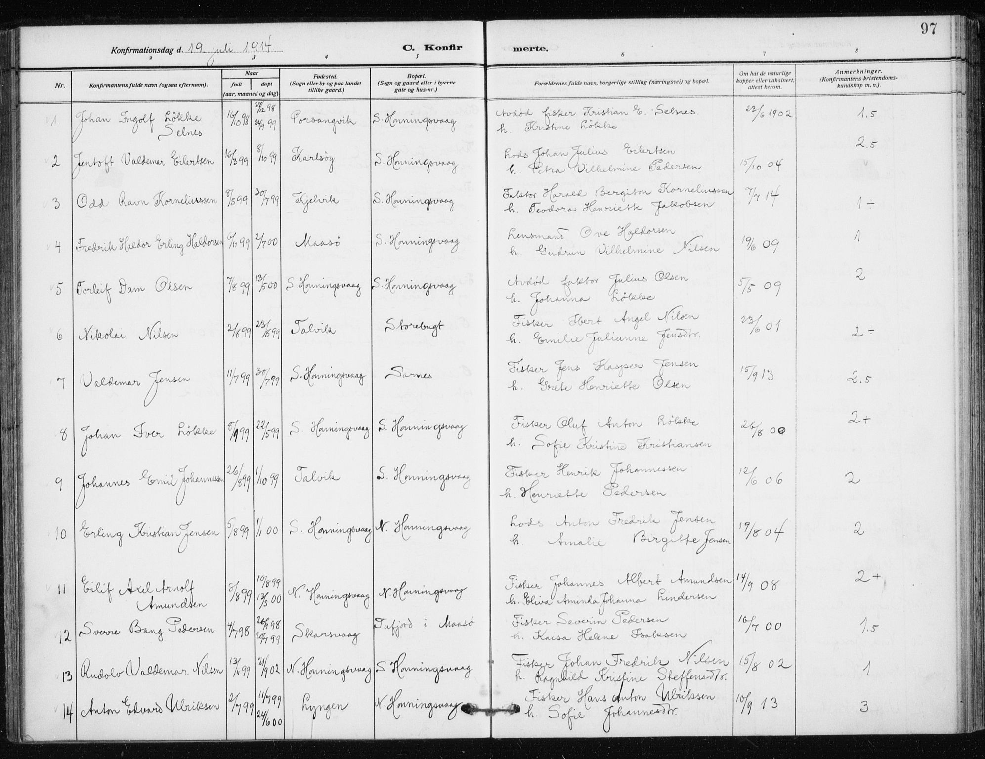 Kjelvik/Nordkapp sokneprestkontor, SATØ/S-1350/H/Ha/L0001kirke: Parish register (official) no. 1, 1911-1919, p. 97