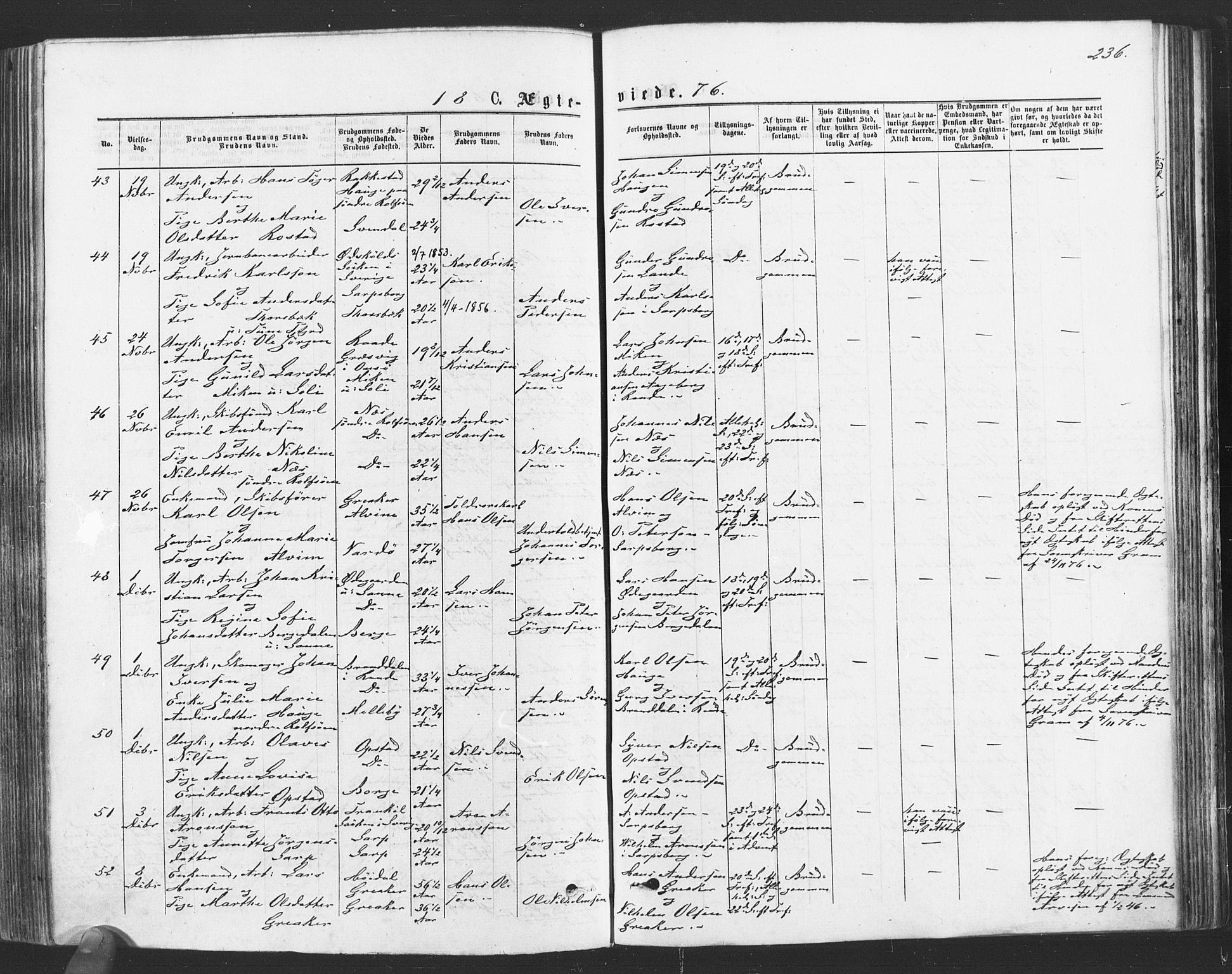 Tune prestekontor Kirkebøker, SAO/A-2007/F/Fa/L0016: Parish register (official) no. 16, 1874-1877, p. 236