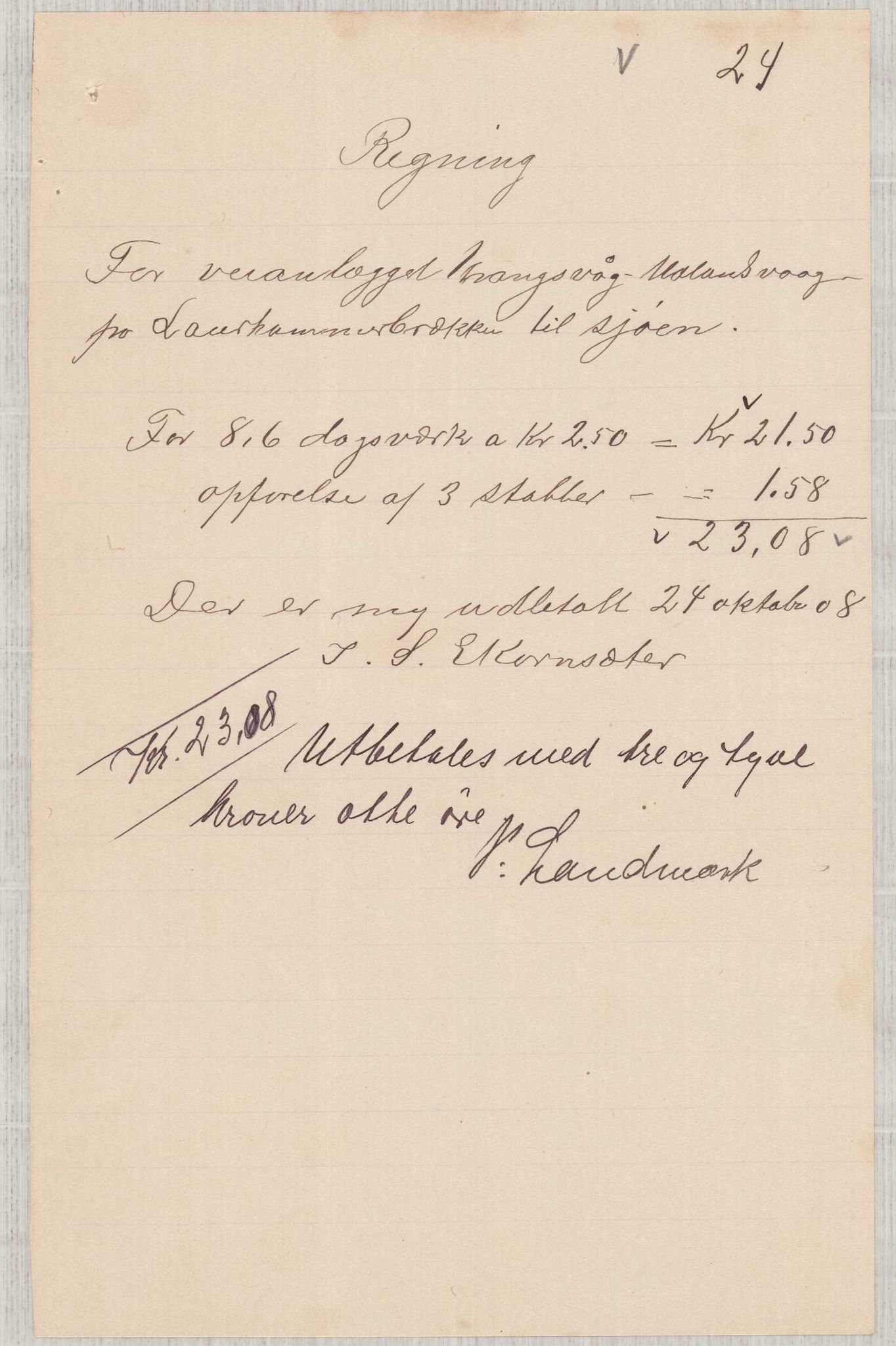 Finnaas kommune. Formannskapet, IKAH/1218a-021/E/Ea/L0002/0005: Rekneskap for veganlegg / Rekneskap for veganlegget Urangsvåg - Mælandsvåg, 1907-1909, p. 60