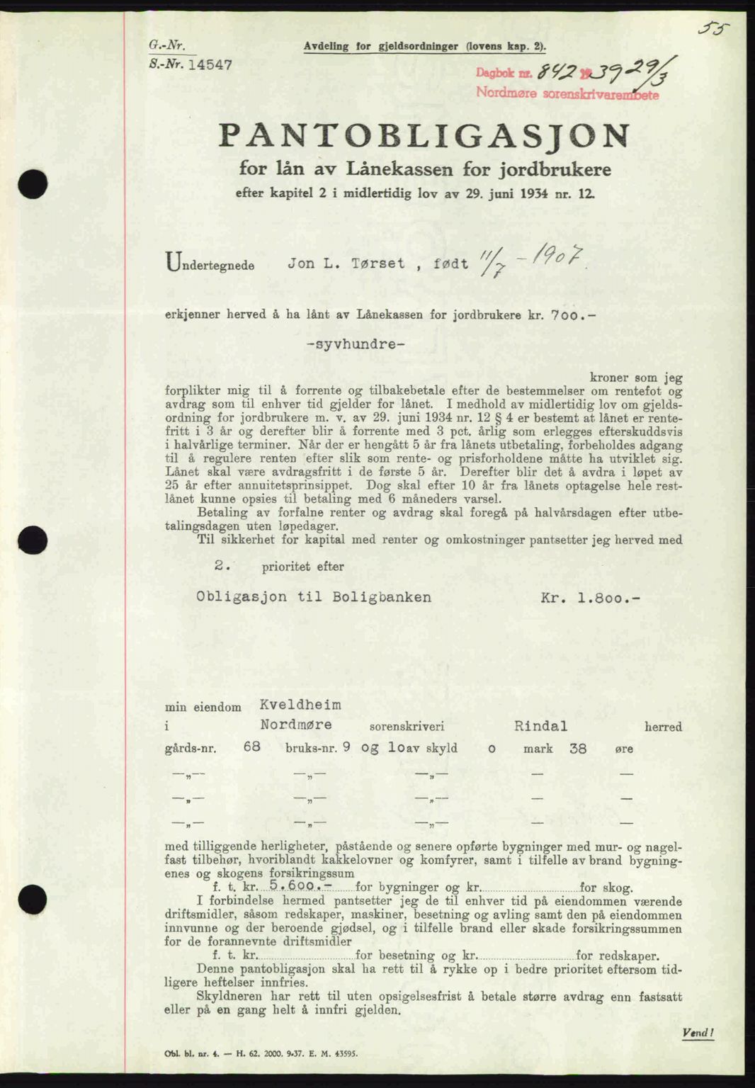 Nordmøre sorenskriveri, AV/SAT-A-4132/1/2/2Ca: Mortgage book no. B85, 1939-1939, Diary no: : 842/1939