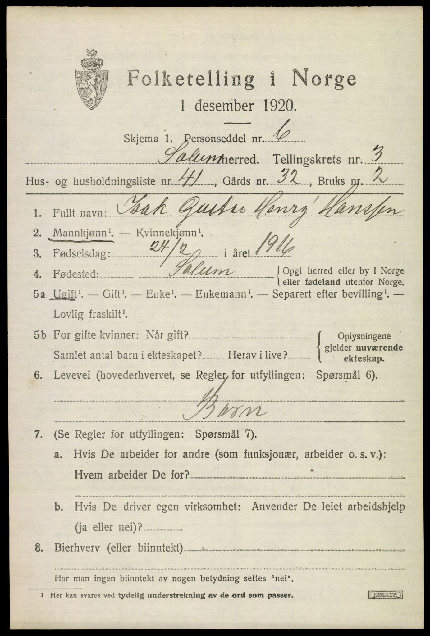 SAKO, 1920 census for Solum, 1920, p. 8170