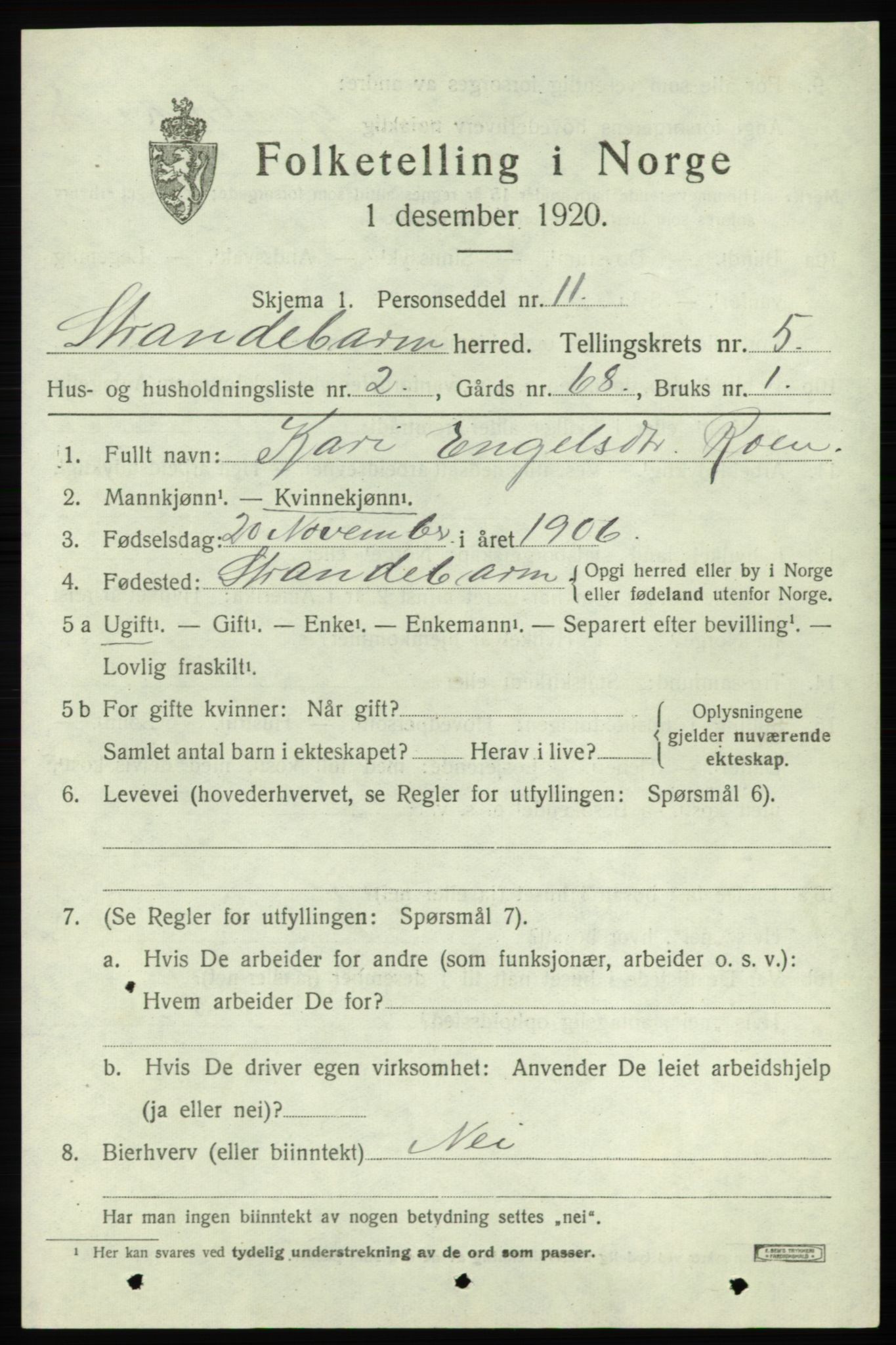 SAB, 1920 census for Strandebarm, 1920, p. 3788