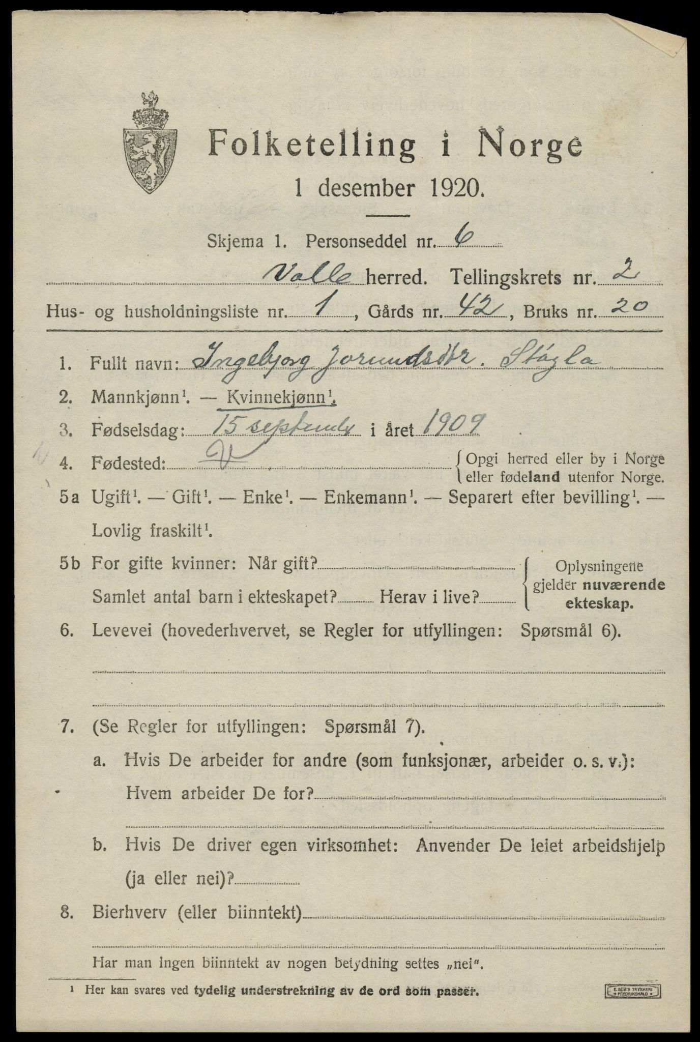SAK, 1920 census for Valle, 1920, p. 963