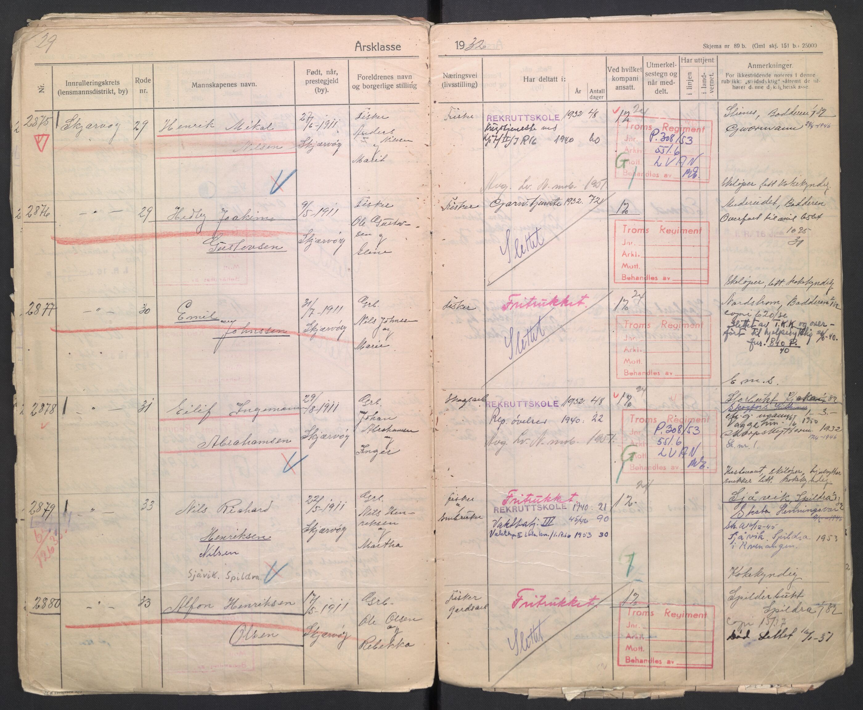 Forsvaret, Troms infanteriregiment nr. 16, AV/RA-RAFA-3146/P/Pa/L0006/0003: Ruller / Rulle for Lyngen bataljons menige mannskaper, årsklasse 1932, 1932, p. 29