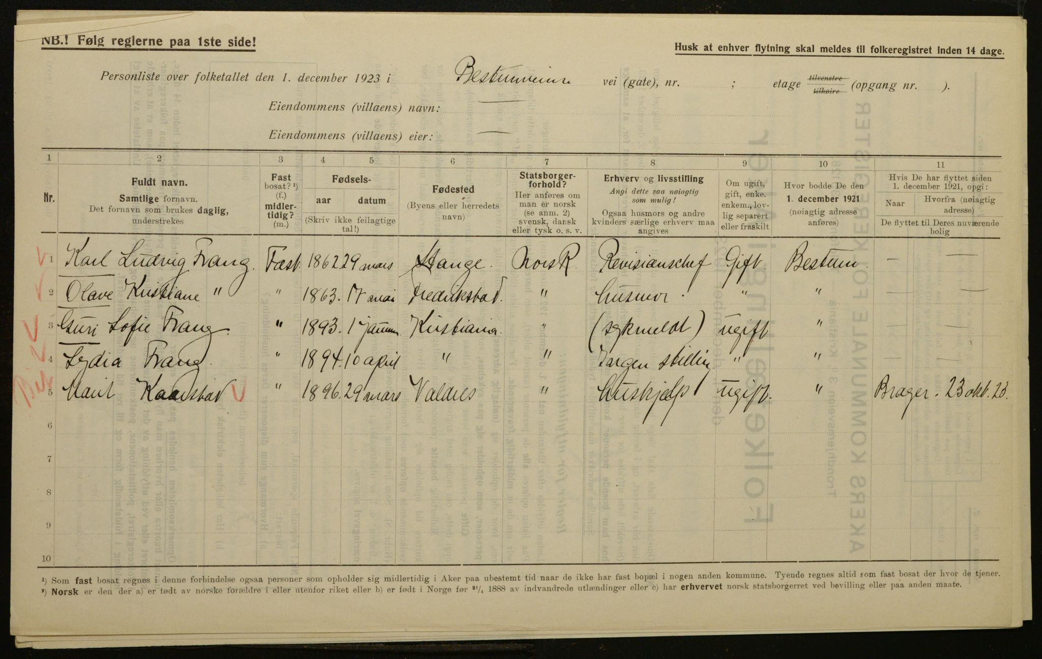 , Municipal Census 1923 for Aker, 1923, p. 69