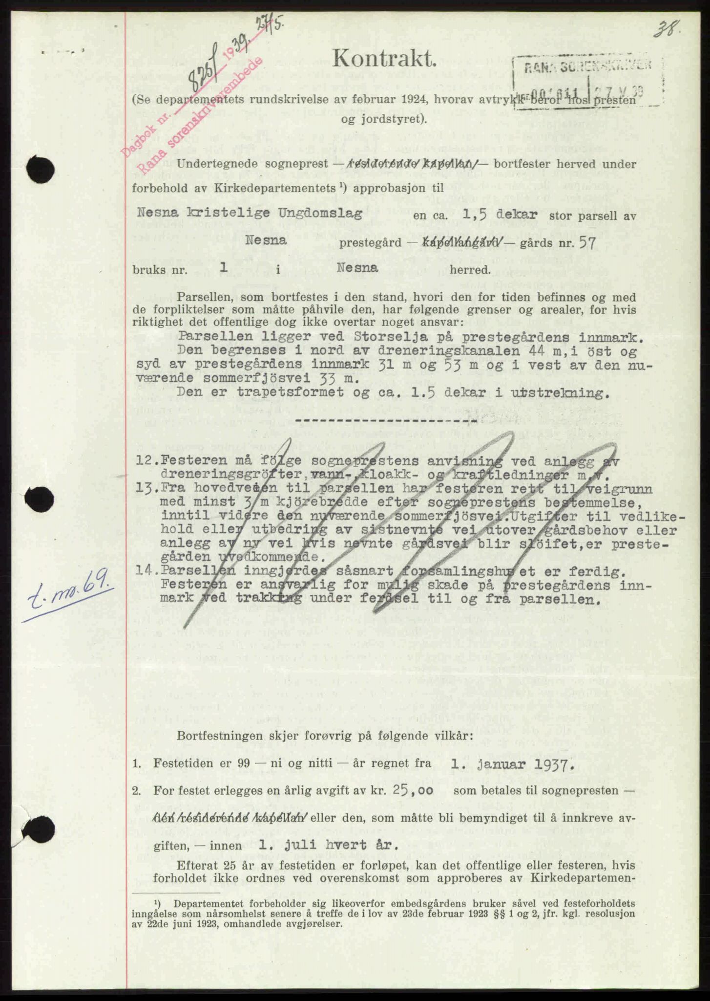 Rana sorenskriveri , SAT/A-1108/1/2/2C: Mortgage book no. A 6, 1939-1940, Diary no: : 825/1939