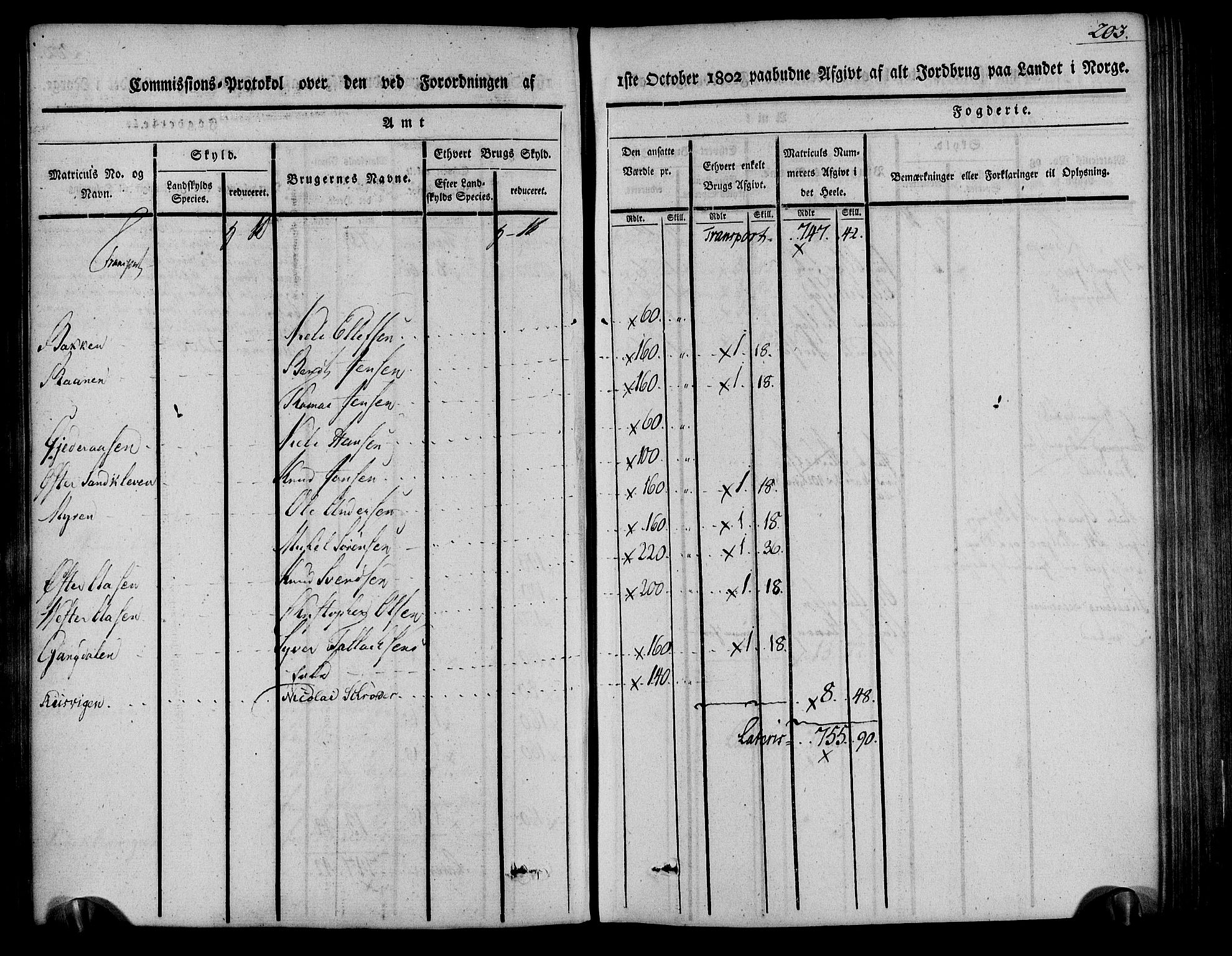 Rentekammeret inntil 1814, Realistisk ordnet avdeling, RA/EA-4070/N/Ne/Nea/L0078: Nedenes fogderi. Kommisjonsprotokoll "Nr. 1", for Sand og Bringsvær skipreider, 1803, p. 203