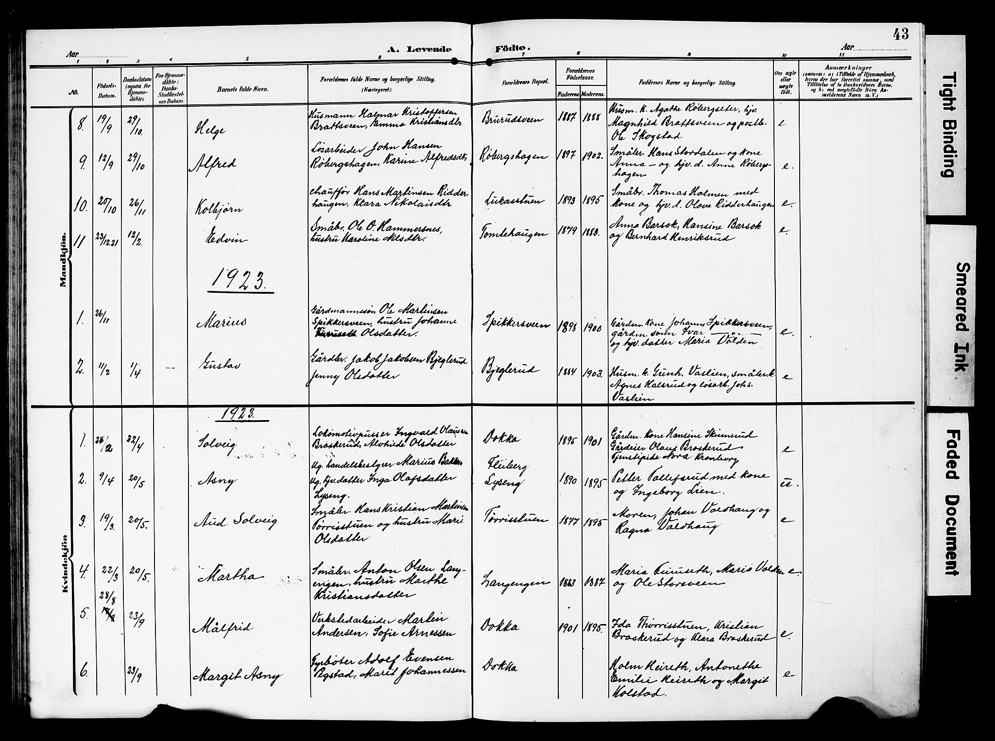 Nordre Land prestekontor, AV/SAH-PREST-124/H/Ha/Hab/L0001: Parish register (copy) no. 1, 1908-1931, p. 43